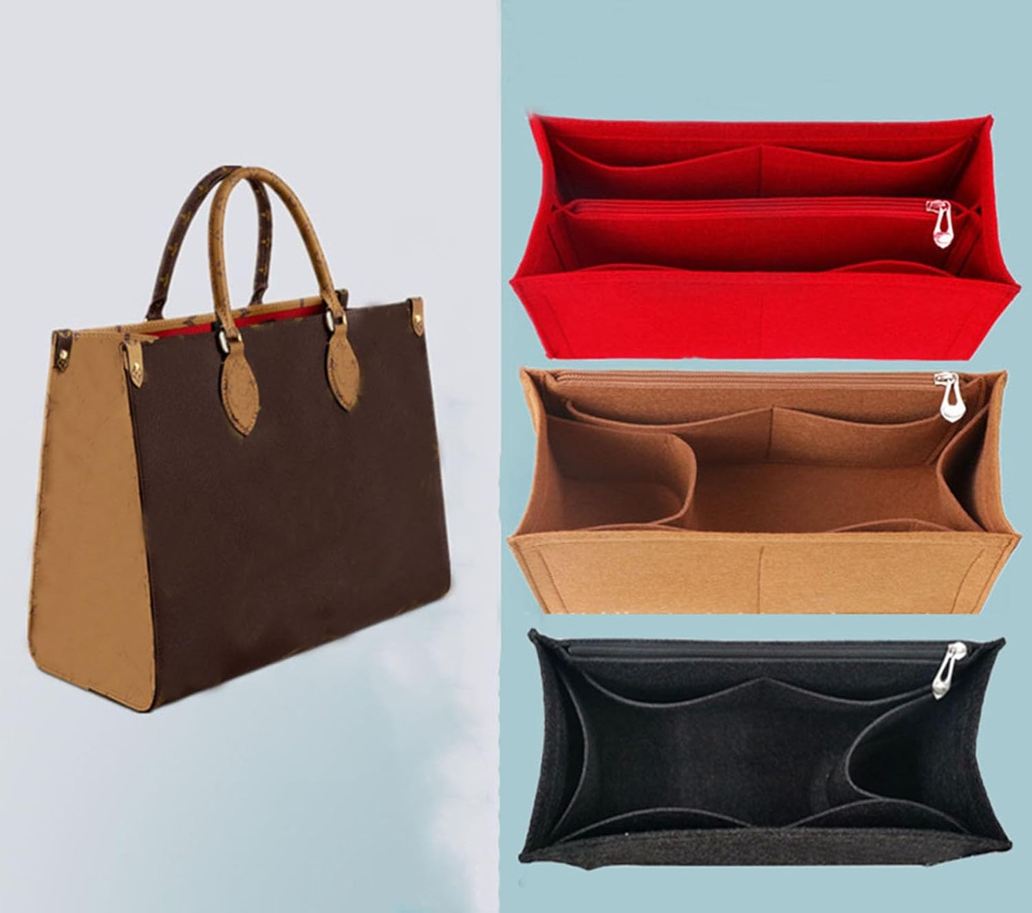 Lckaey Purse Insert for ONTHEGO PM MM GM Wallet Tote - Felt Organizer - with Zipper Pocket 1081Camel-L image number 4