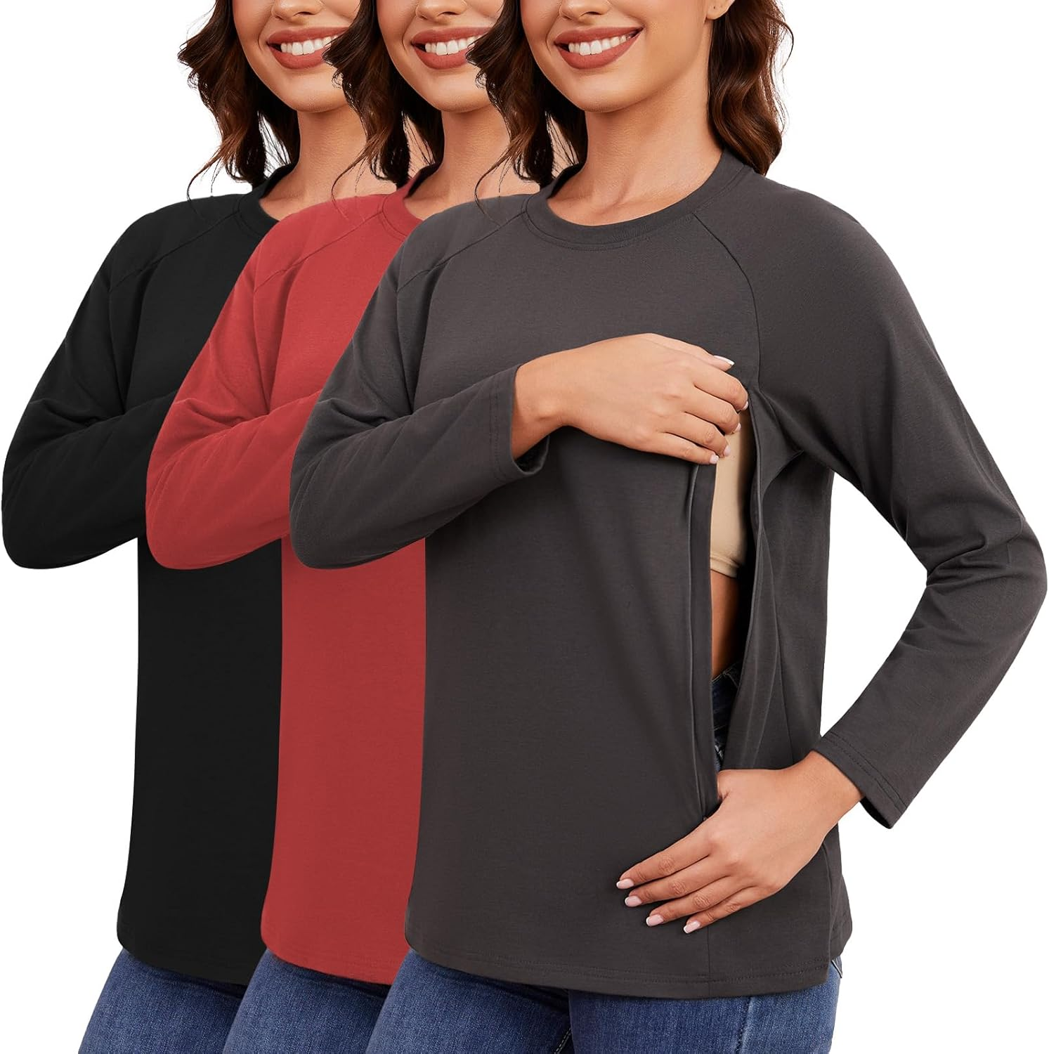 Ecavus 3-Pack Breastfeeding Shirts with Hidden Zippers Comfort and Soft Nursing Shirts for Women