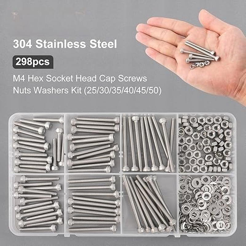 298Pcs M4 Screws Assortment, M4 Screws Bolts for 3D Printer DIY, Hex Socket Head Cap Screw Bolts Nuts Washer Kit, 304 Stainless Steel, M4X25/30/35/40/45/50Mm (298, M4X25/30/35/40/45/50Mm) image number 3