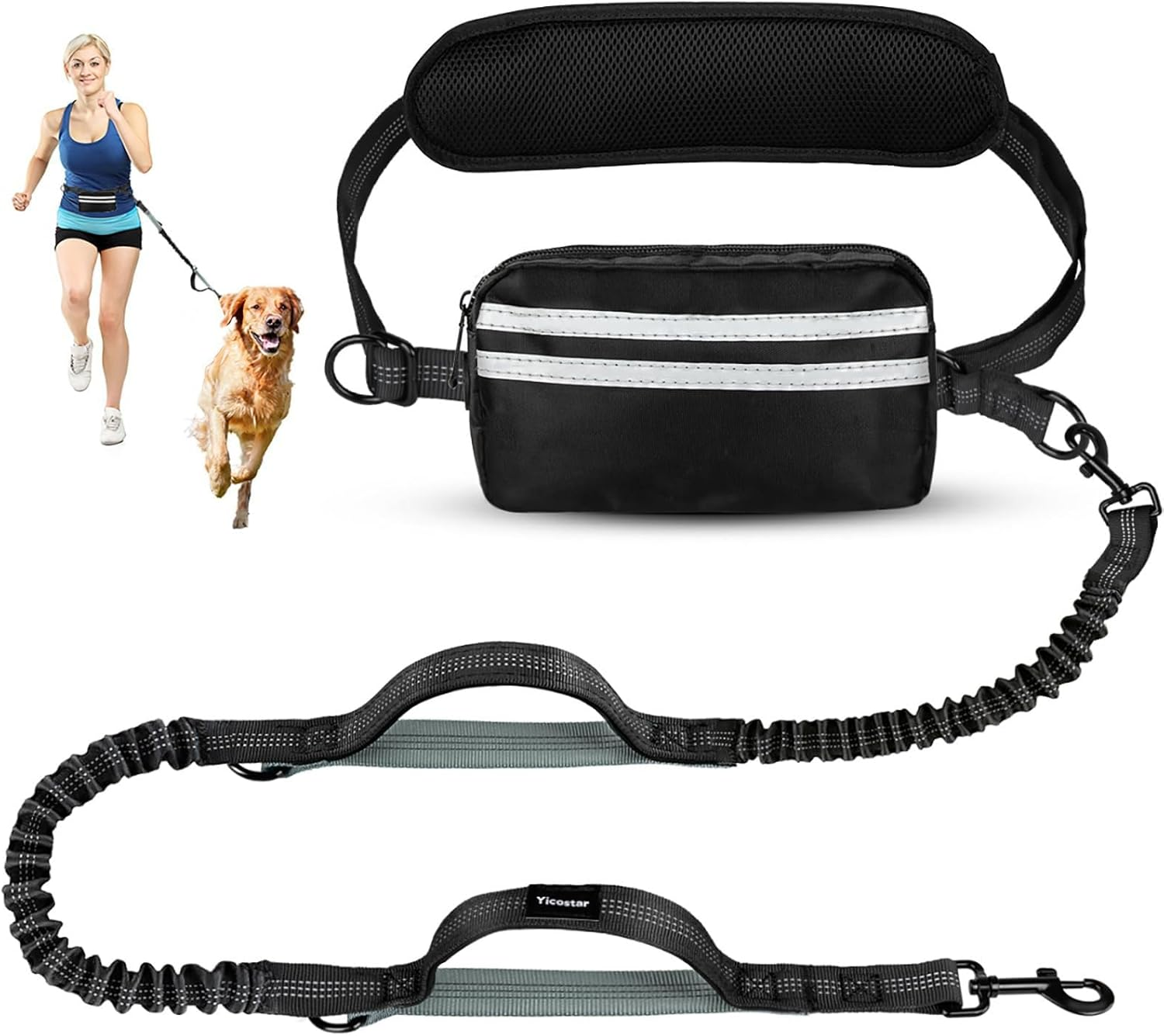 Vsgaalge Hands Free Dog Leash with Pouch, Retractable Bungee Waist Leash with Dual Padded Handles for Medium & Large Dog Training Walking Running Hiking Jogging (Double Leash)