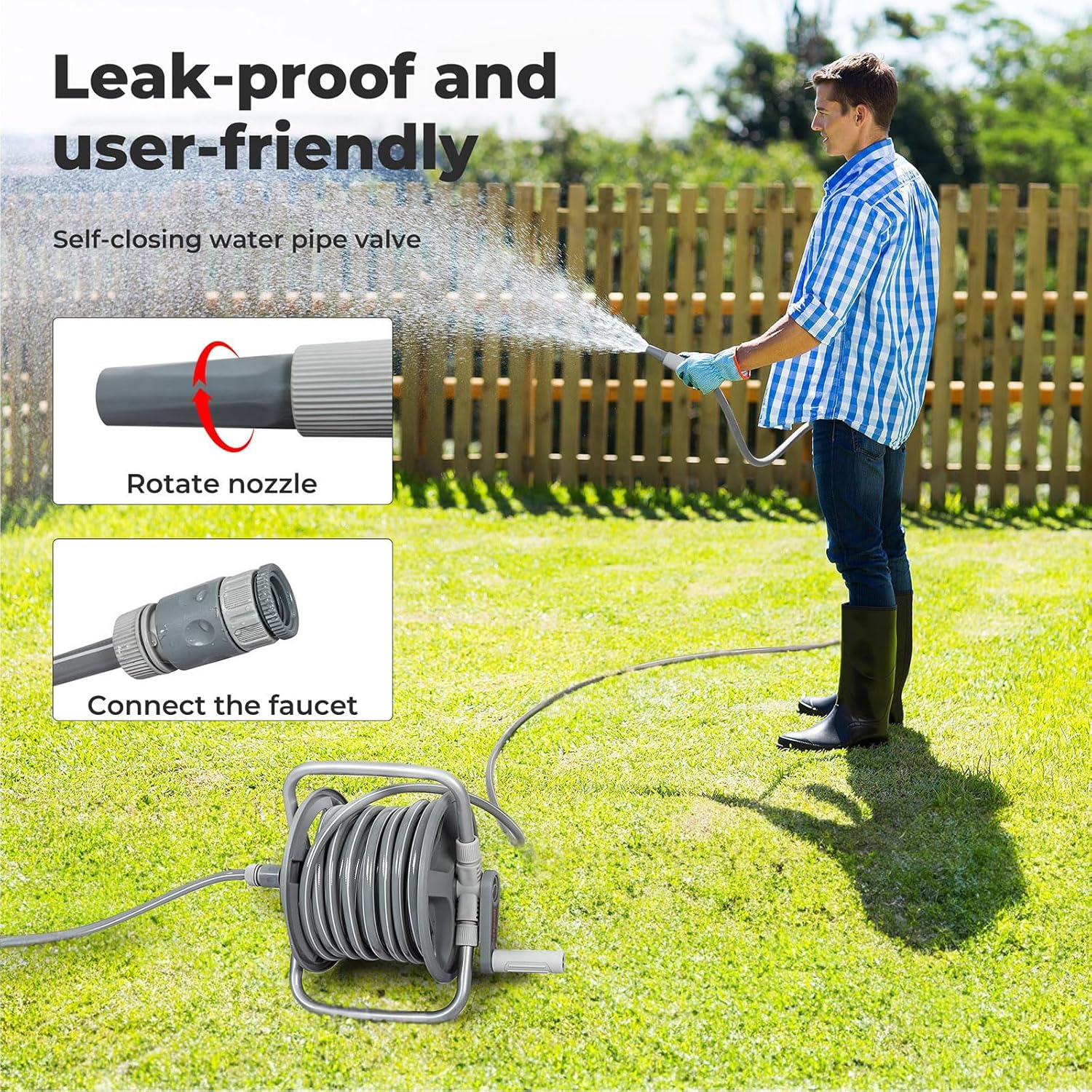 Traderight Portable Water Hose Reel Holder, 1/2'' X 20M, Wall Mount Garden Hose Reel, 2 Nozzle Modes, Self-Closing Water Pipe Valve, Handheld, Garden Watering Car Washing Pet Bathing, PP PVC Material image number 6