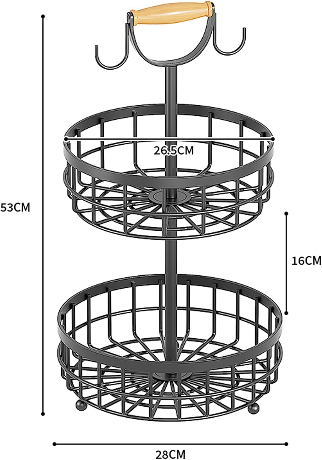 SEDISON 2 Tier Fruit Basket with Banana Hanger, Double Layer Metal Fruit Basket with Wooden Handle, Sturdy Carbon Steel Kitchen Storage Organizer for Fruits, Vegetables and More, Large Capacity image number 6