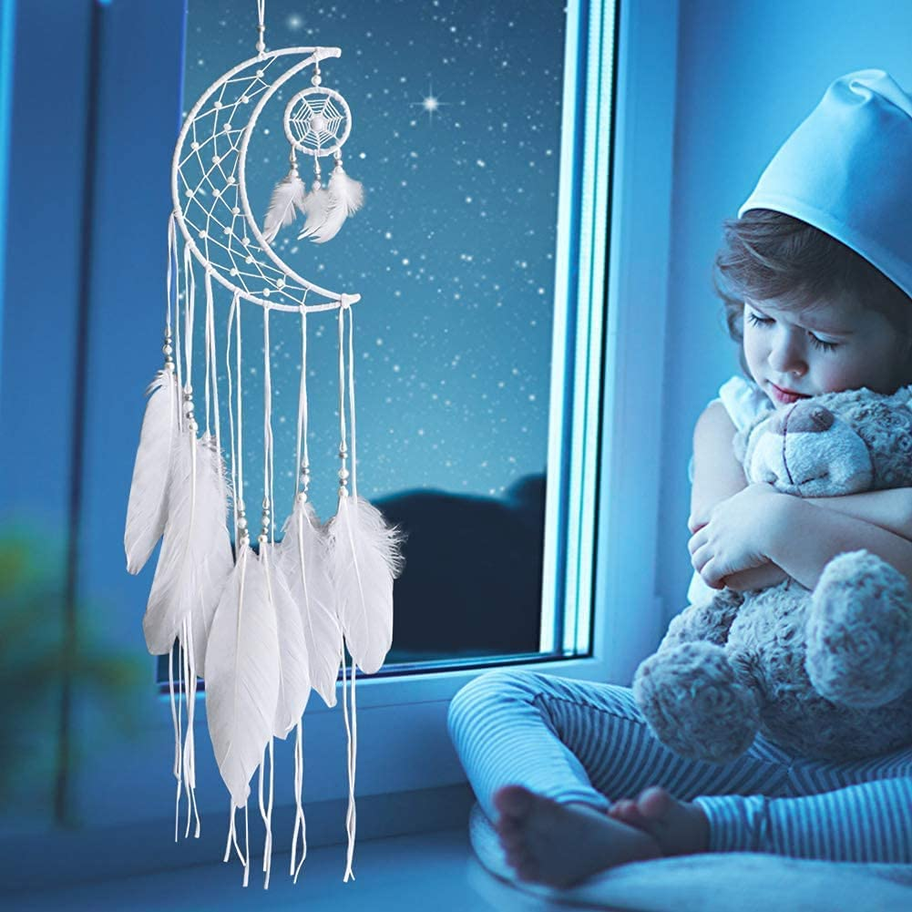 Dream Catcher Handmade Moon Design with Feathers Dreamcatcher Wall Hanging Home Decoration Ornament Christmas Festival Craft for Bedroom Living Room Outdoor(White Moon)
