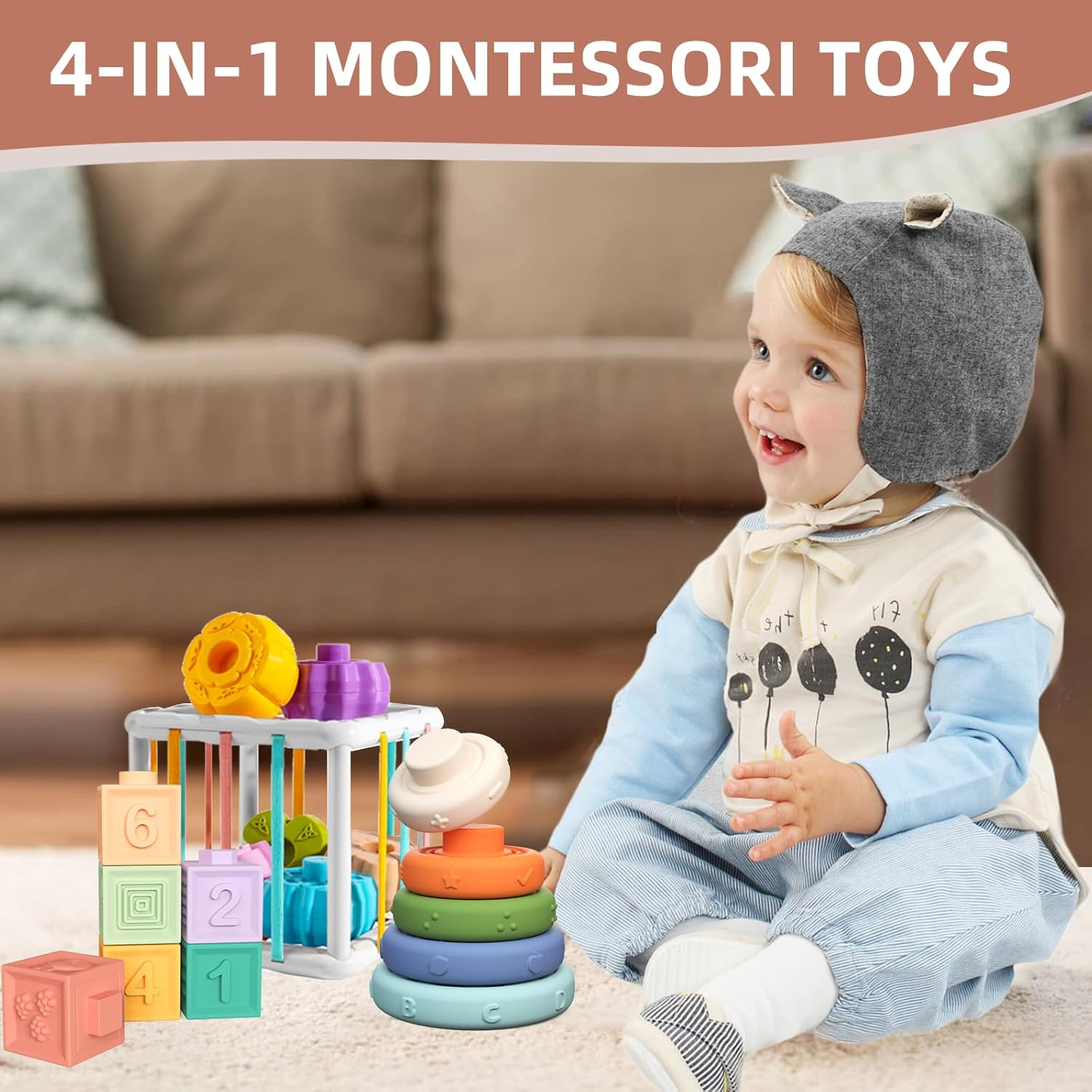 4 in 1 Montessori Baby Toys for Babies 6-18 Months,Pull String Teether, Infant Stacking Blocks, Sensory Shapes Storage Bin, Ideal Baby Boy Girl Gifts, Infant Toys 1 2 3 Year Old Boys Girls image number 1