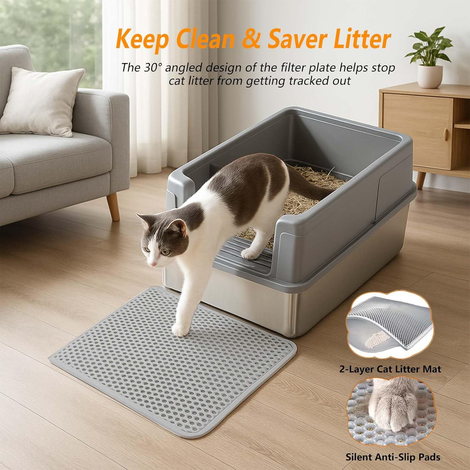 Stainless Steel Cat Litter Box Set - XXL High-Sided Tray with Scoop and Cat Litter Mat, Non-Stick and Leak-Proof, Easy to Clean, 60&times;40&times;31.5 Cm (Gray) image number 4