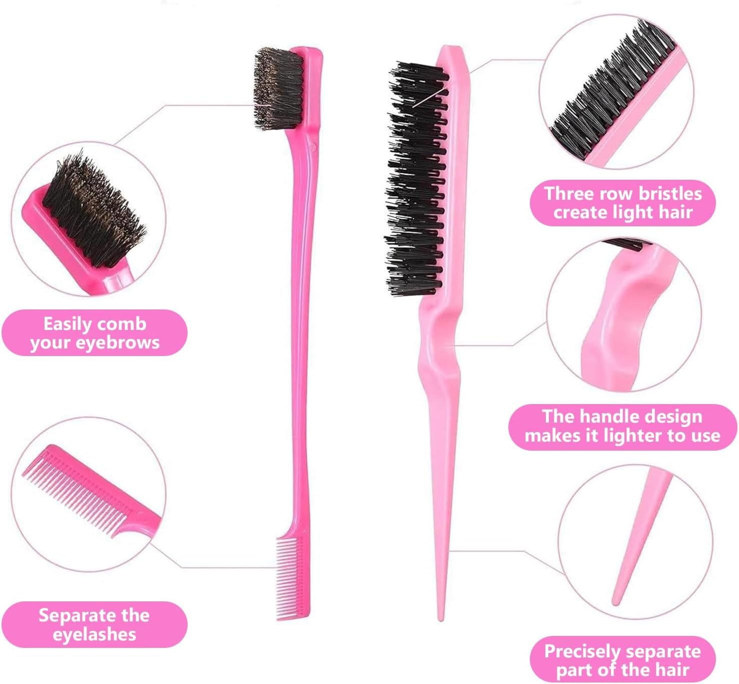 Agwenkui 8 Pcs Hair Brushes Set with 4Pcs Topsy Tail Tools - Hair Tools Set with Edge Brush Teasing Bristle Brush 2Pcs Metal Pin Rat Tail Combs for Women'S Styling (Pink) image number 2