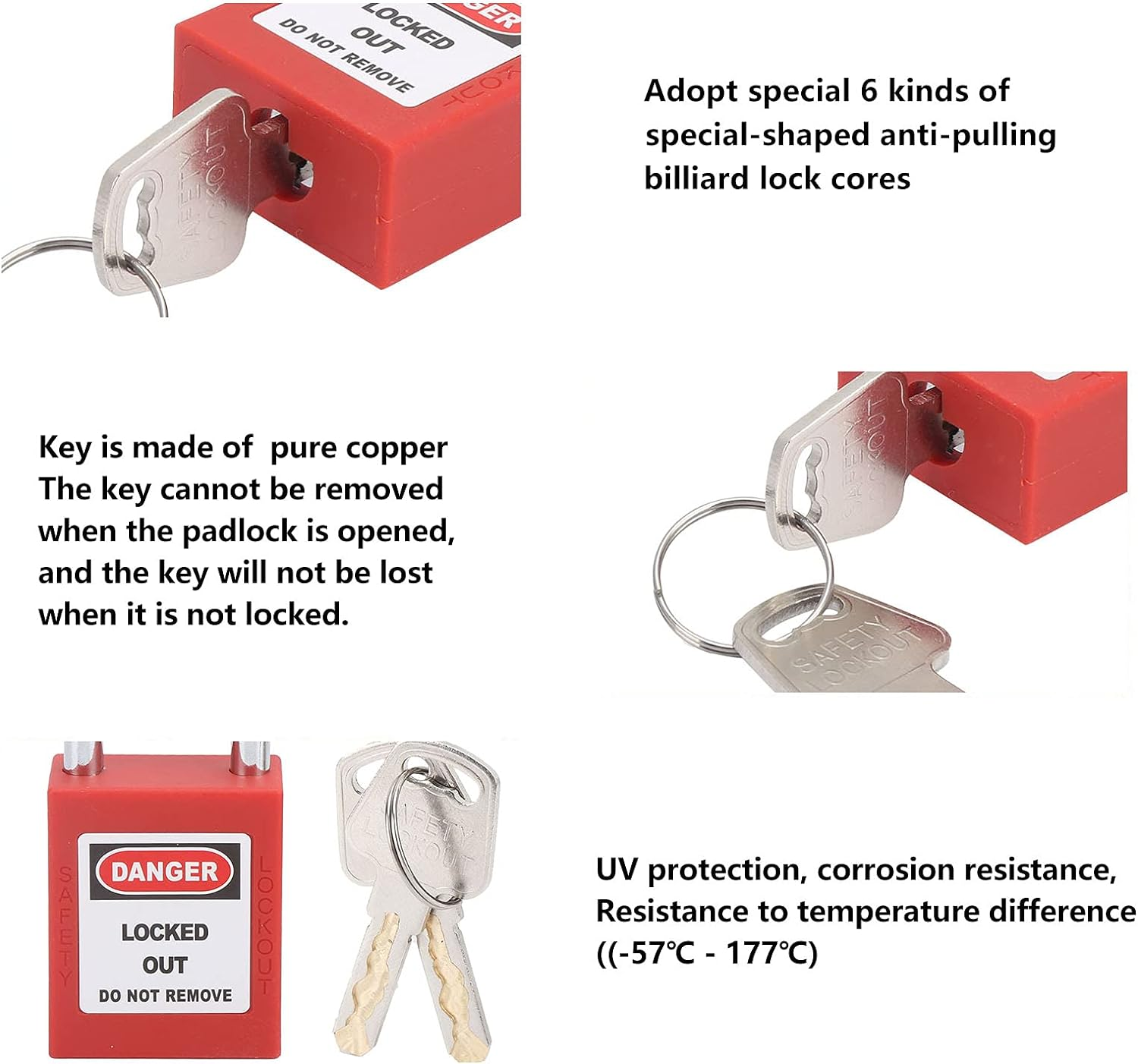 Lockout Tagout Padlock, anti Skid Design, 6 Special Shaped Billiard Lock Cores, with Writable Label for Equipment Maintenance