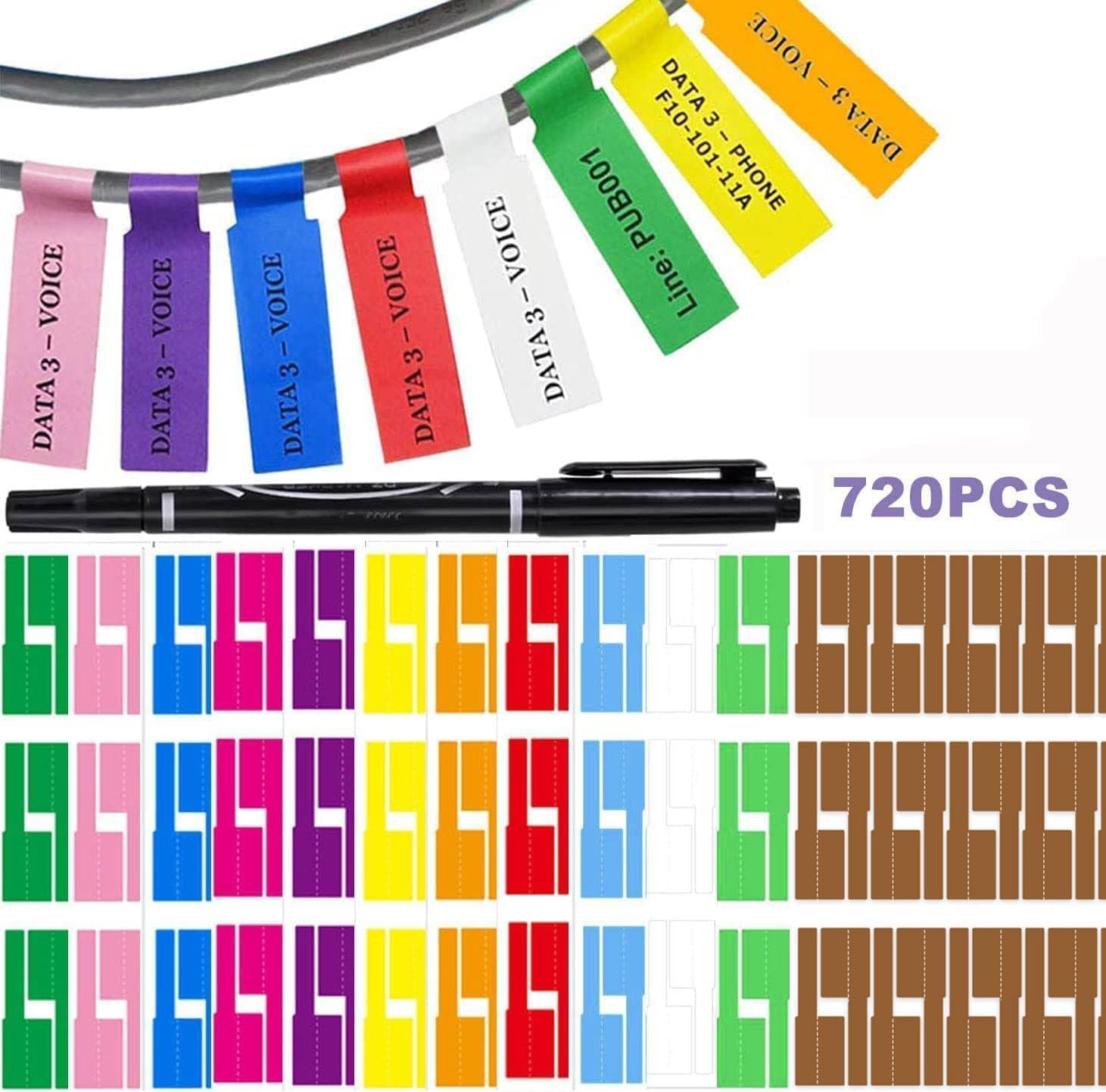 720Pcs Cable Labels, Betterjonny Self-Adhesive Cable Cord Labels 12 Colors Wire Identification Stickers Waterproof Marking Labels Write-On and Printable Name Tags for Identification and Organization image number 3