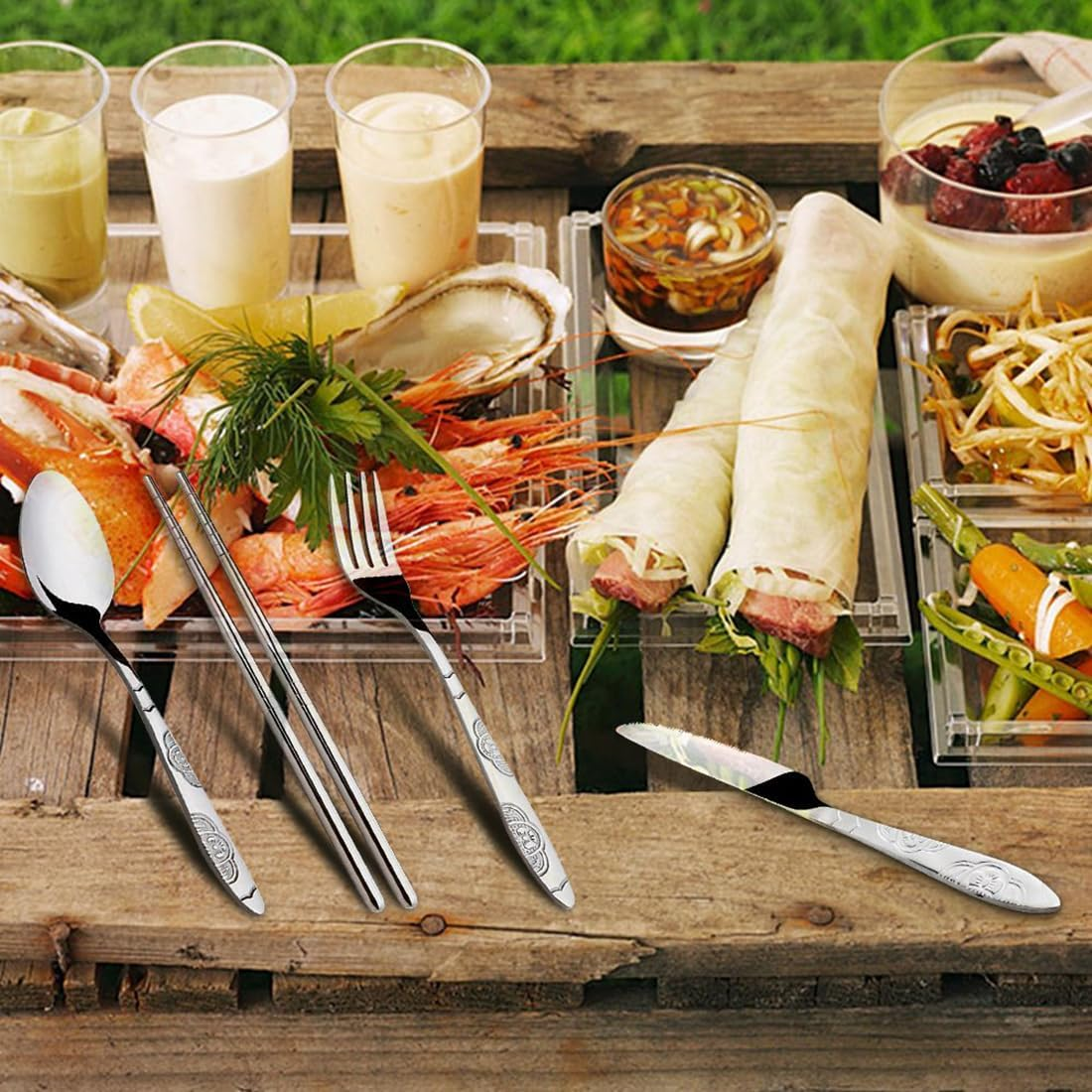 12 Pieces Portable Cutlery Set, 3 Pack Reusable Flatware Sets Knife, Fork, Spoon, Chopsticks, Stainless Steel Tableware Dinnerware with Carrying Case for Camping Picnic Working Hiking image number 3