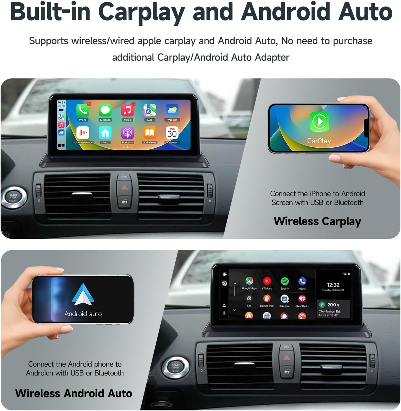 Android AUTO Wireless Carplay Radio Touch Screen for BMW 1 Series E81 E82 E87 E88 from 2006 to 2012 without Original Display Bluetooth Linux System image number 4