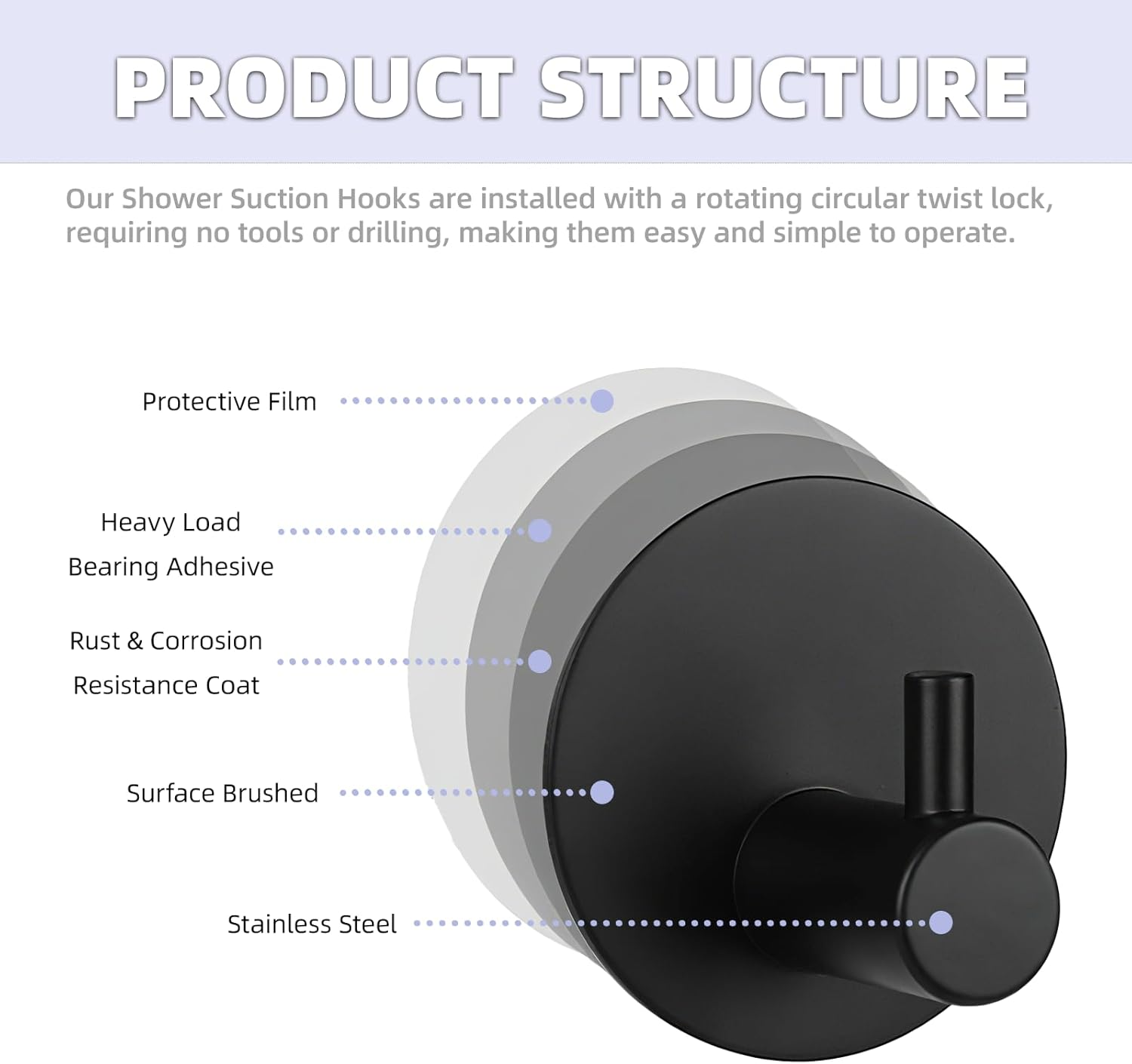 6 Pcs Wall Hook Stainless Steel Adhesive Hooks for Bathroom, Office, Home, Coat Hooks, Towel Hook, No Drill (Black)