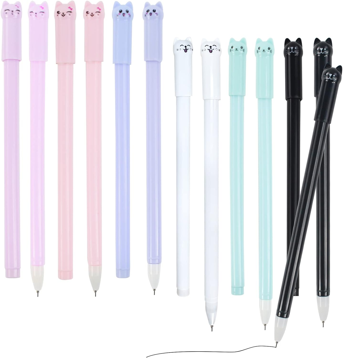 12PCS Kawaii Cat Pens, Cute Gel Ink Pens Animal Pens, 0.5Mm Smooth Black Fine Point Ball Point Pens for Kids Girl Boy Women School Office Supplies (6 Color Cat) image number 1