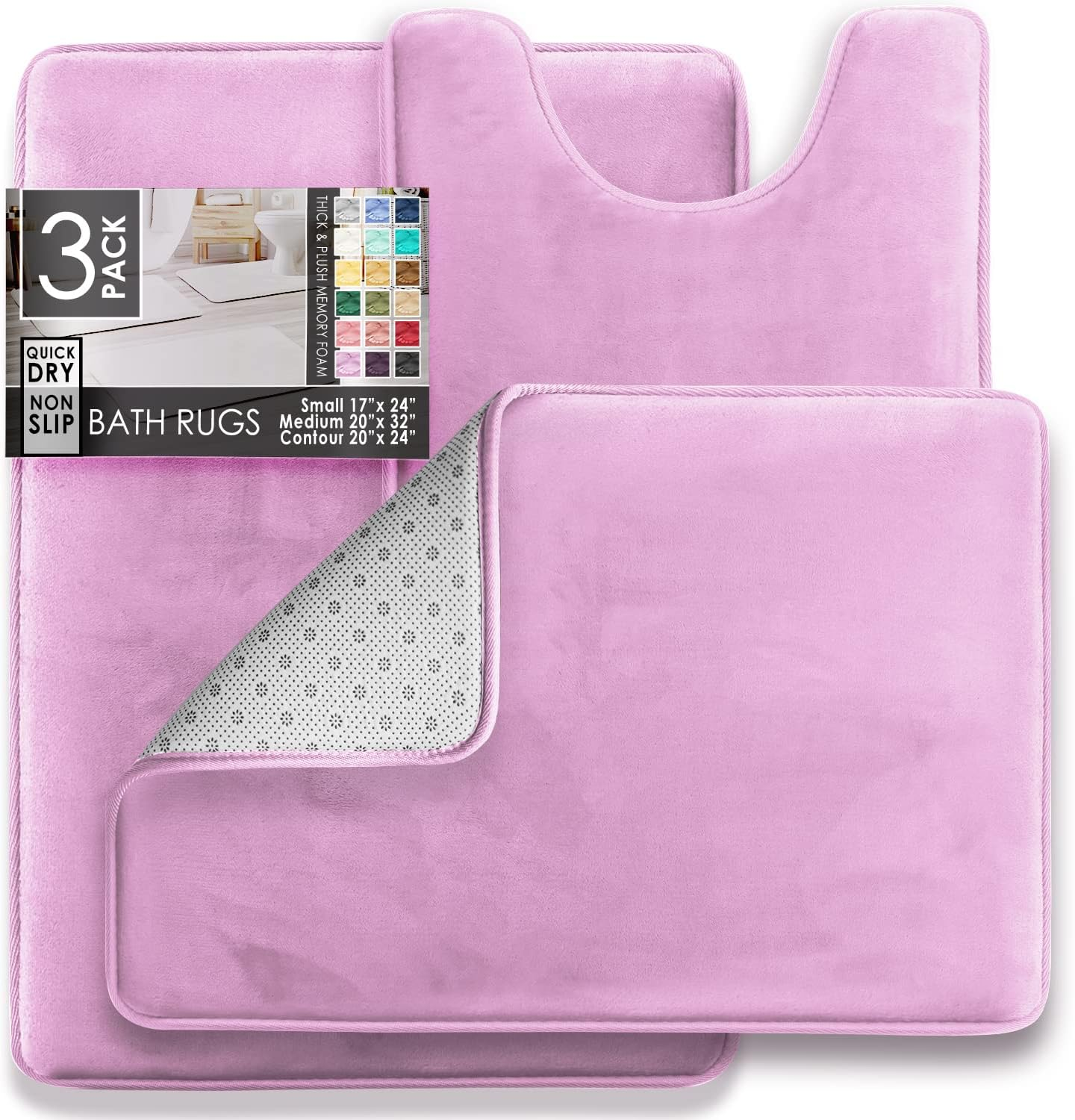 Clara Clark 3 Piece Bathroom Rugs Bath Mat Set, Velvet Memory Foam Bath Mats for Bathroom - Non-Slip, PVC Backing Bath Rugs, Washable - Dries Quickly, Lavender image number 4