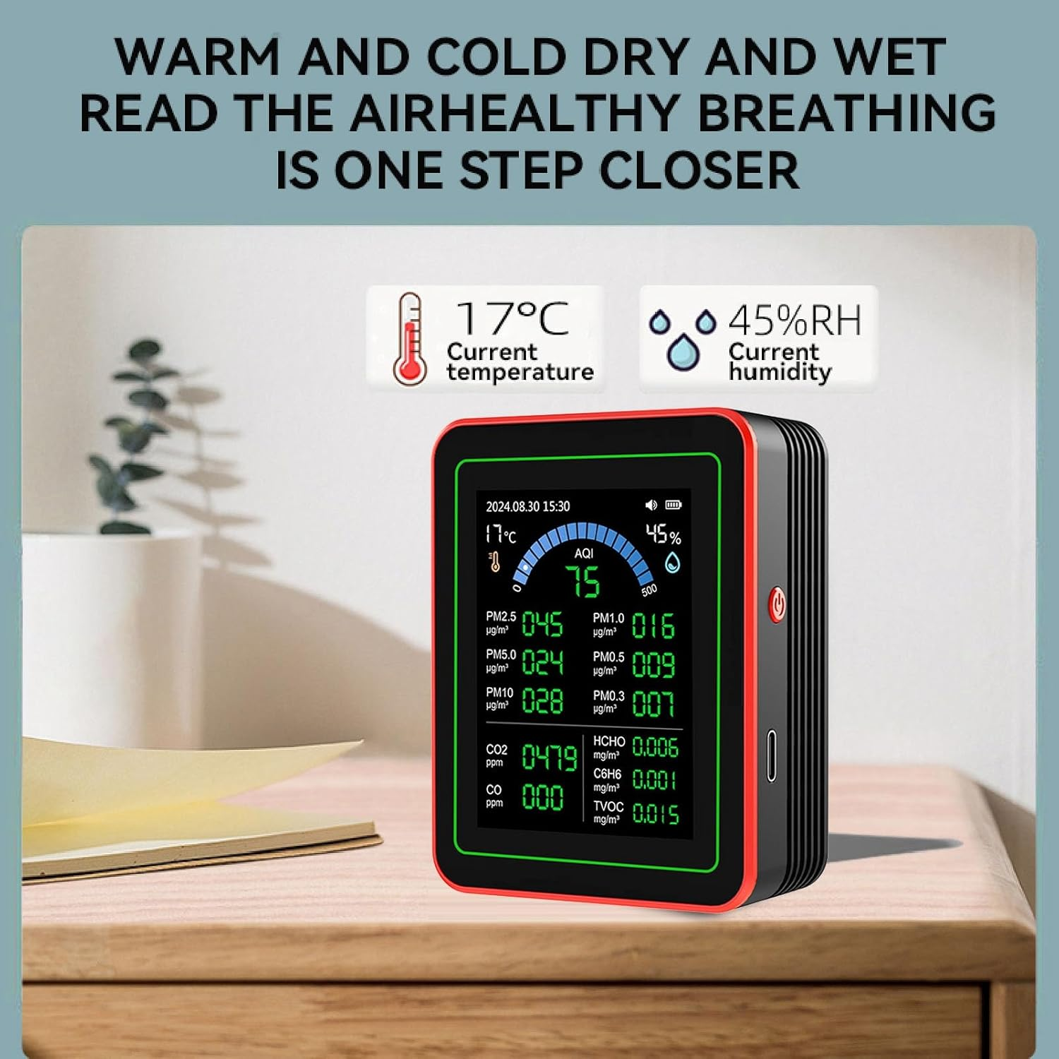 Air Quality Tester, CO2 TVOC HCHO PM2.5 Temp Humidity Detect, Indoor Data Storage Black, Data Curve Display, Runs up to 7 Hours​ image number 2