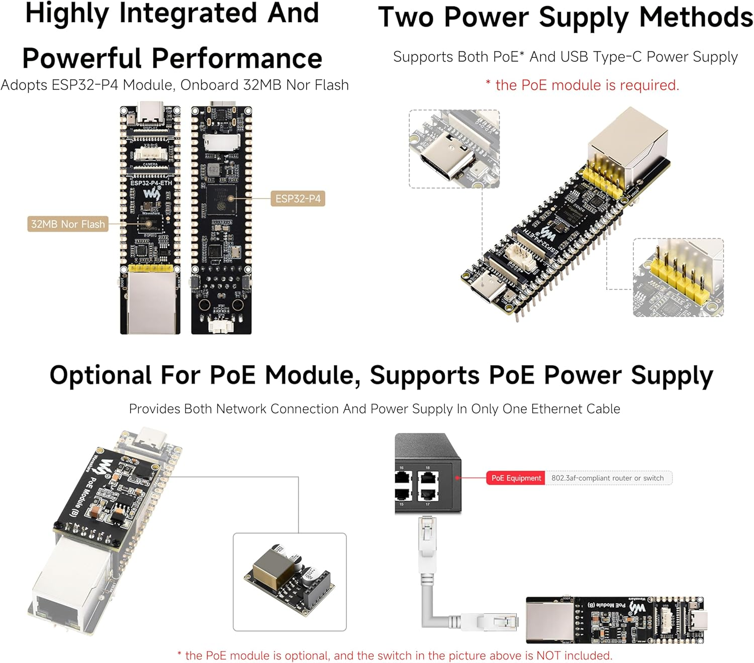 ESP32-P4-ETH Development Board with Pre-Soldered Header, Based on ESP32-P4 +100 Mbps RJ45 Ethernet Port, Rich Human-Machine Interfaces, Supports AI Speech Interaction, with Poe Module (3 Items) image number 1