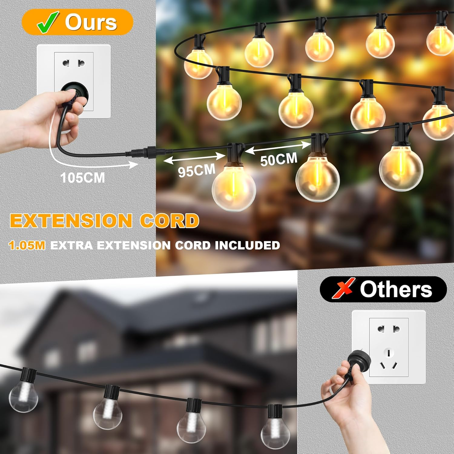 Cozylady Festoon Lights Outdoor 15+2M, String Light with 25+2 G40 Waterproof Shatterproof Bulbs, Plug-In Outdoor Light, Fairy Light for Garden Yard Wedding Party Balcony image number 6