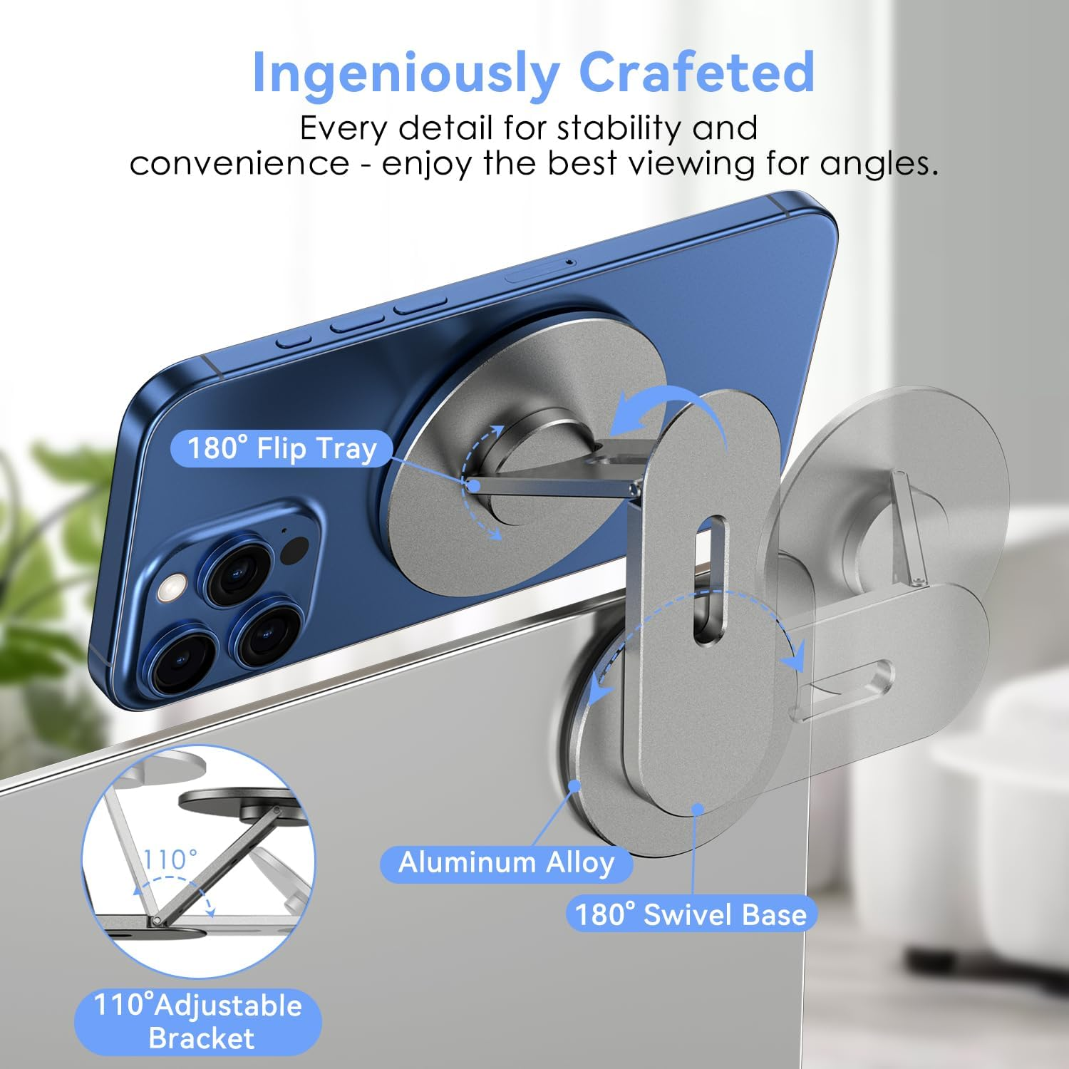 Cloudvalley 3D Rotating Magnetic Phone Stand, Adjustable Continuity Camera Mount Compatible with Iphone Magsafe Series & All Phones, Foldable Holder Bracket for Tesla Laptop Monitor, Grey - Grey image number 2