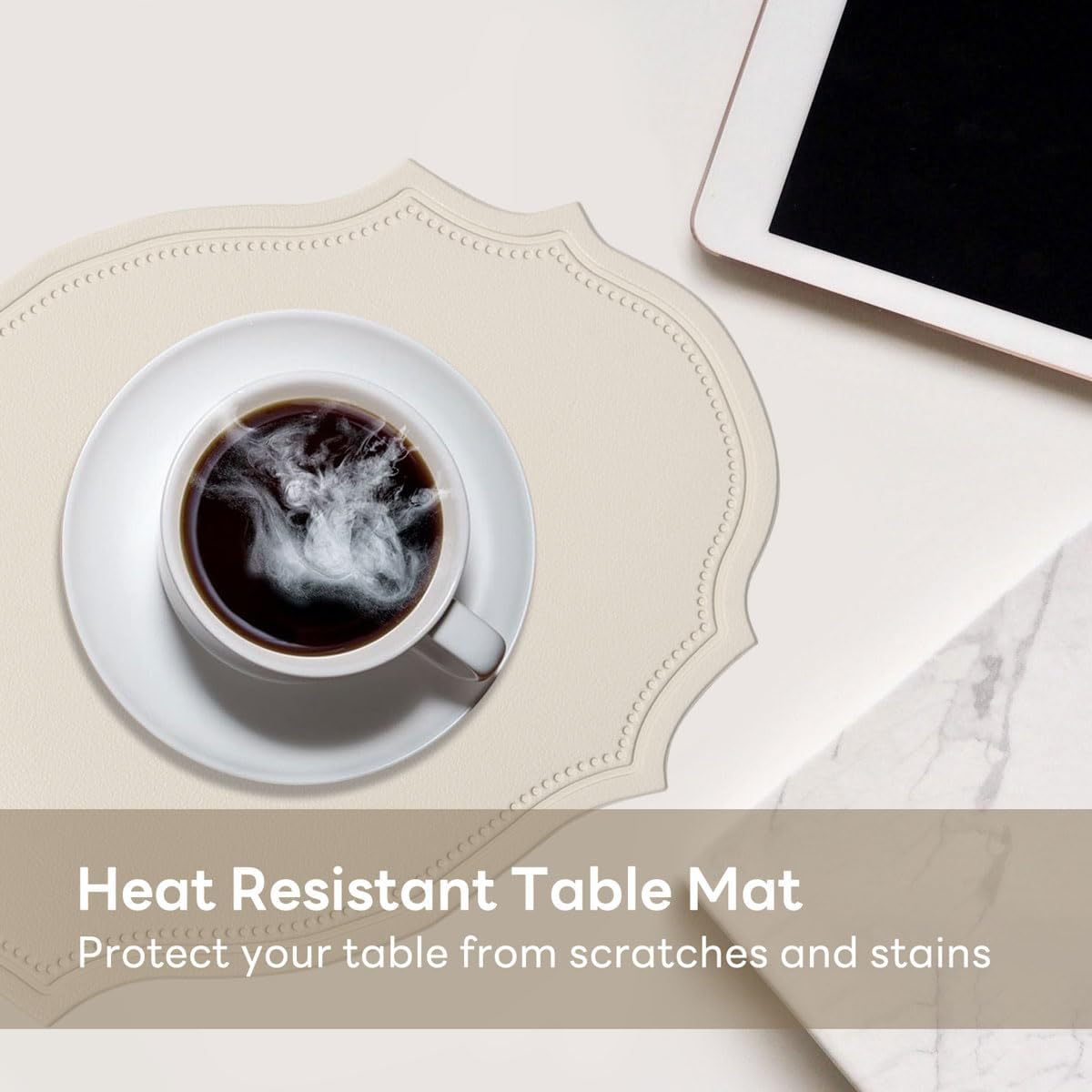 Placemats Set of 4, Faux Leather Table Mats, Heat Resistant Easy to Clean Wipeable Waterproof Washable Outdoor Placemats for Kitchen Dining Table Decorations, 17&rsquo;&rsquo;&times;12&rsquo;&rsquo;, Beige - Beige+Yellow Edges 4 image number 4