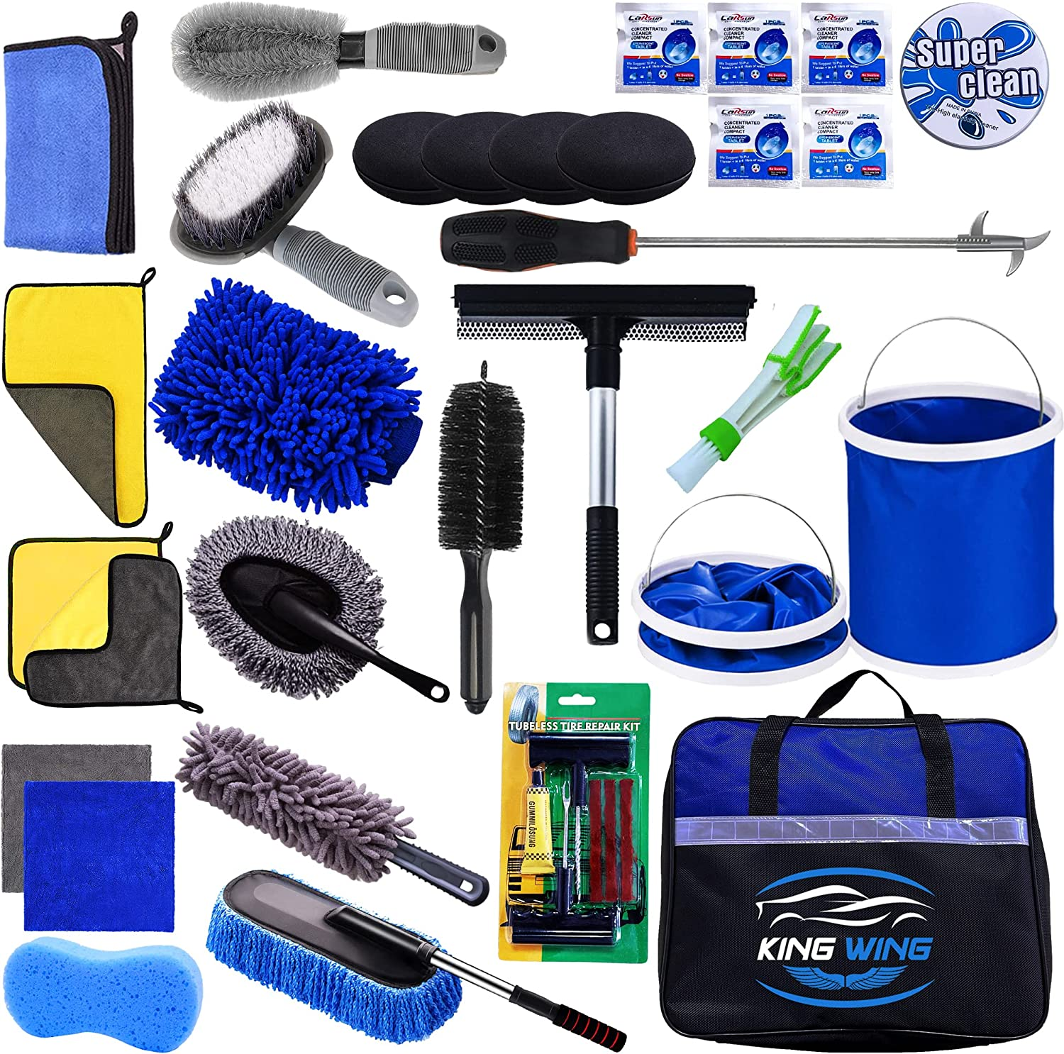 King Wing Car Wash Kit-30Pcs, Interior and Exterior Car Cleaning Tools Kit Includes Multi Size Microfiber Towels, Scrapper, Sponge, Mitt, Duster, Brushes, Wax Pads, Collapsible Bucket, Tire Repair Kit image number 3
