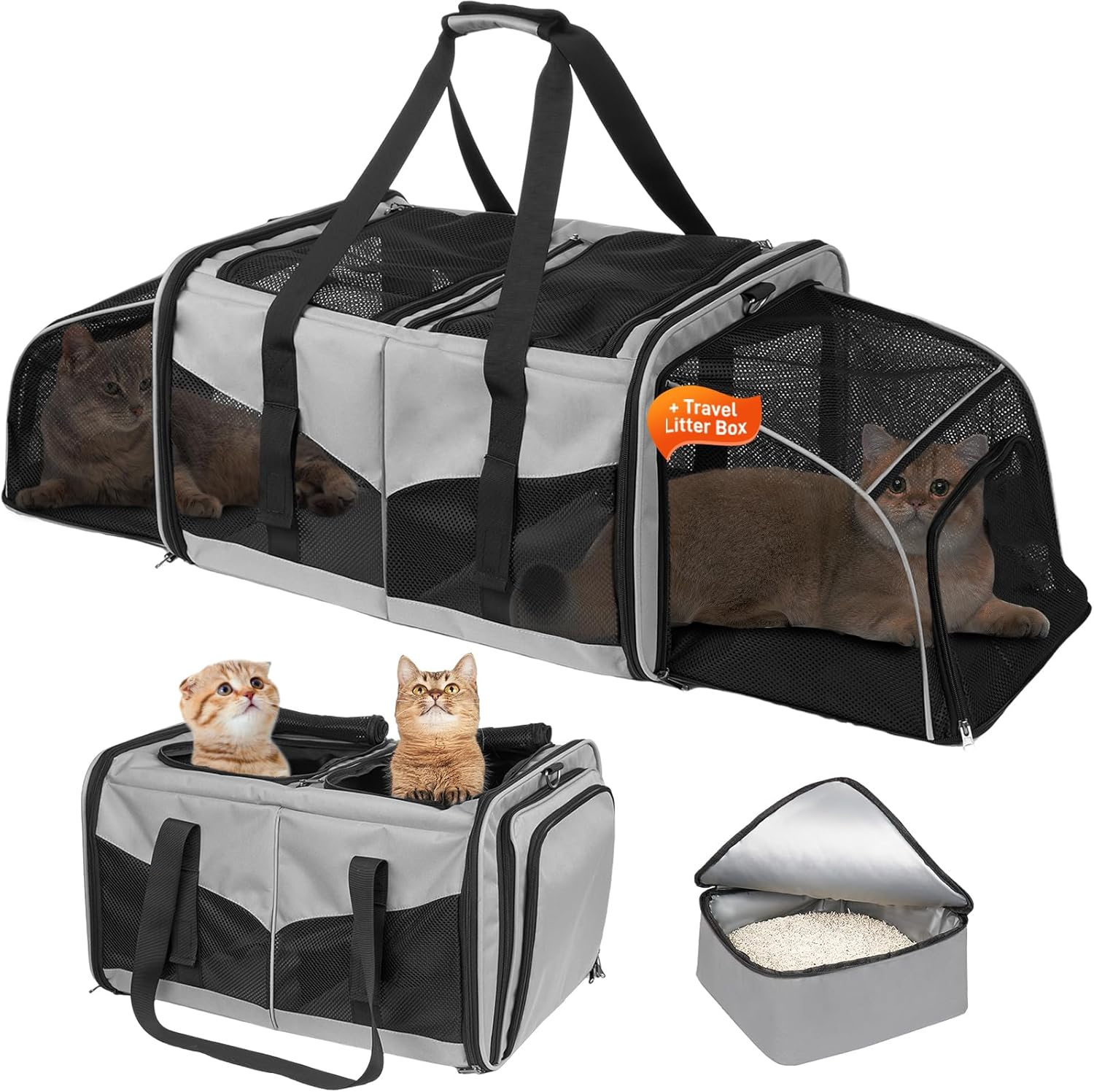 Cat Travel Carrier with Litter Box, Expandable Cat Carrier for 2 Cats for Traveling, Soft Sided Pet Carrier for Cats and Dogs up to 30Lbs, Grey image number 1