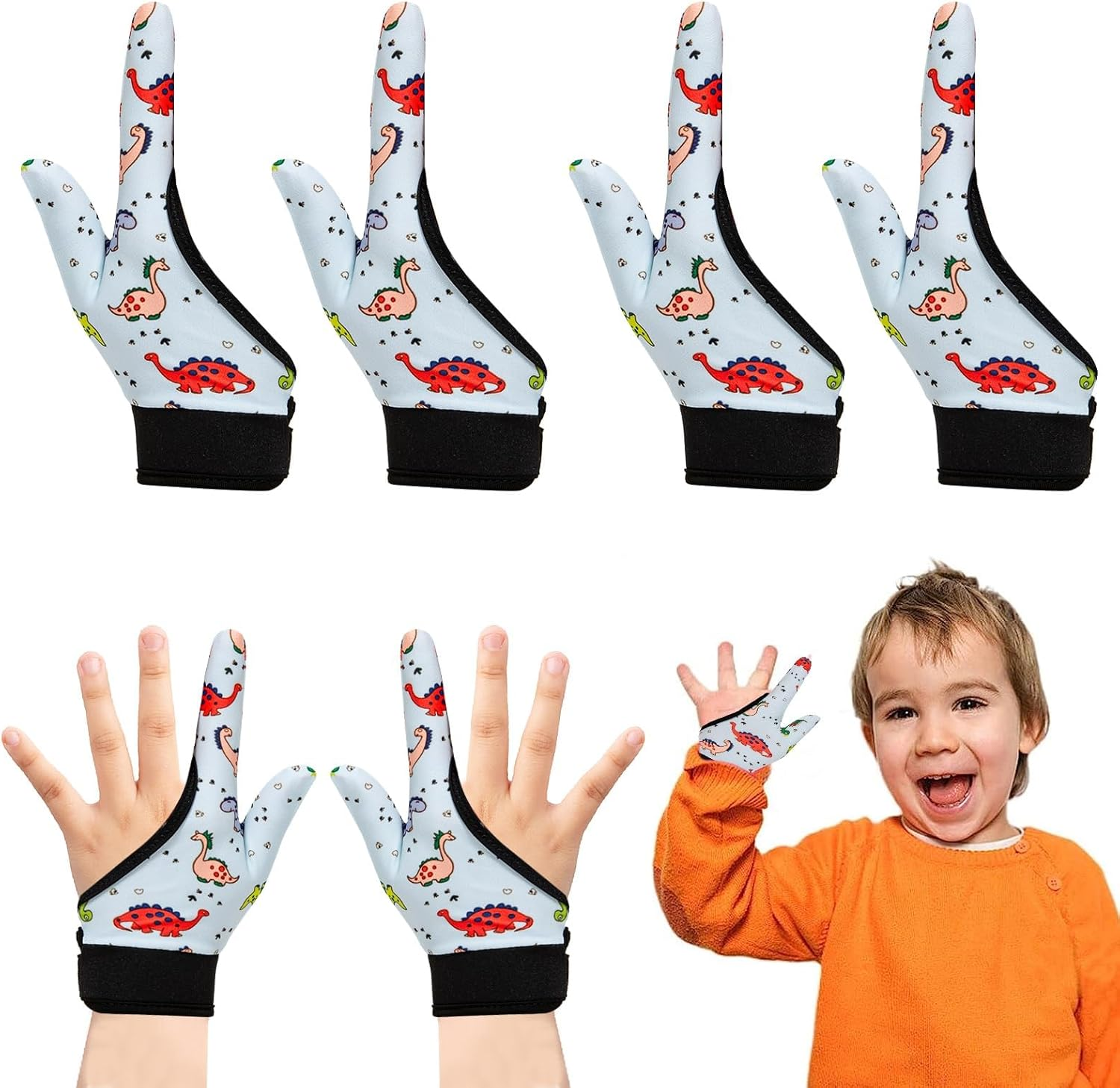 4 Pcs Thumb Sucking Guard Gloves for Kids Ages 5-10, Breathable Sensory Gloves to Stop Thumb Sucking & Nail Biting, Soft Cotton anti Suck Guard with Chewy Compression (Dinosaur 02)