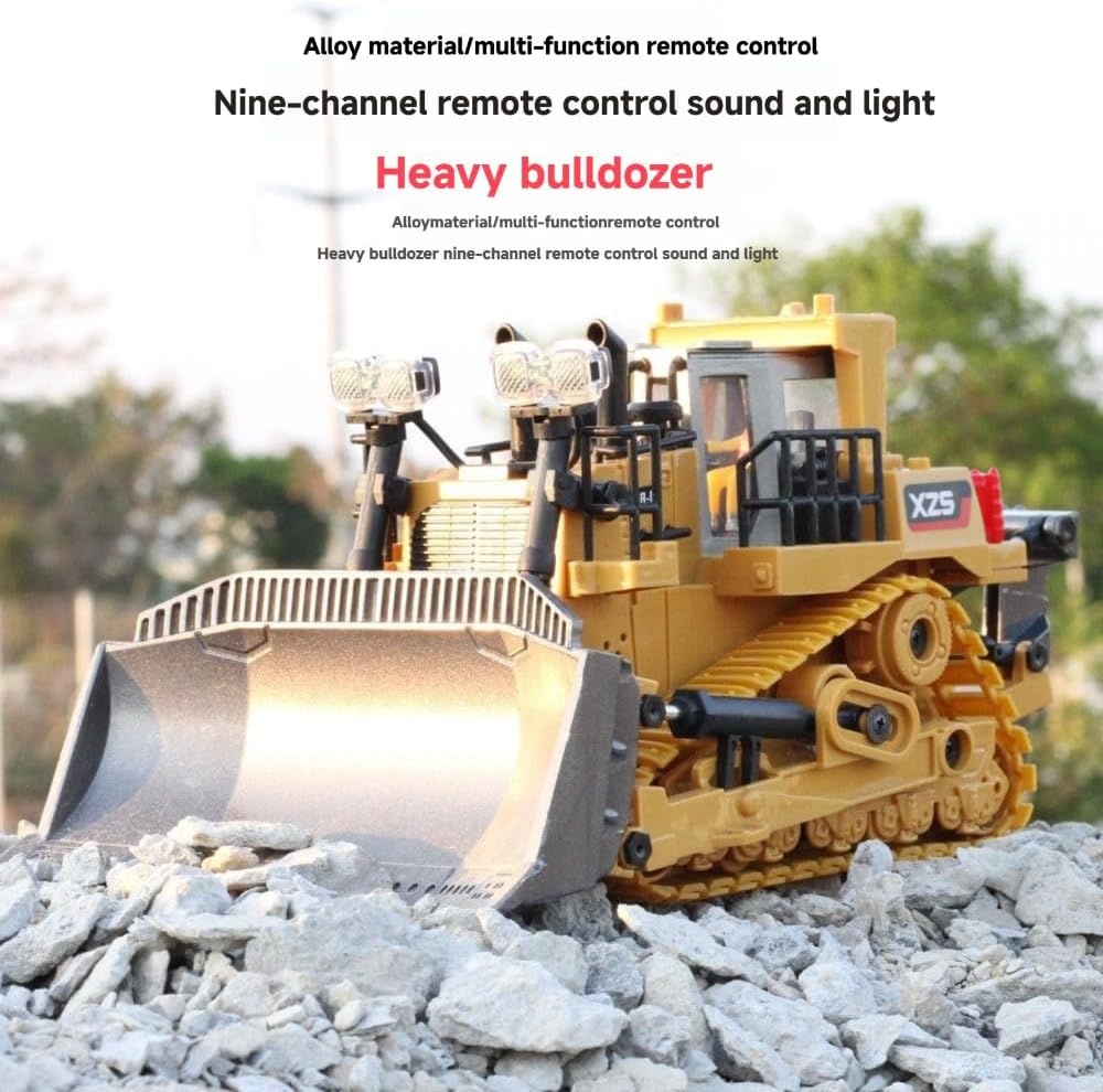 TOYVIBE 1:24 Scale Alloy Remote Control Bulldozer - 2.4Ghz 9-Channel RC Construction Vehicle with Multi-Terrain Tires, Realistic Lights & Sound, Long Range Control for Adults/Kids (Yellow)