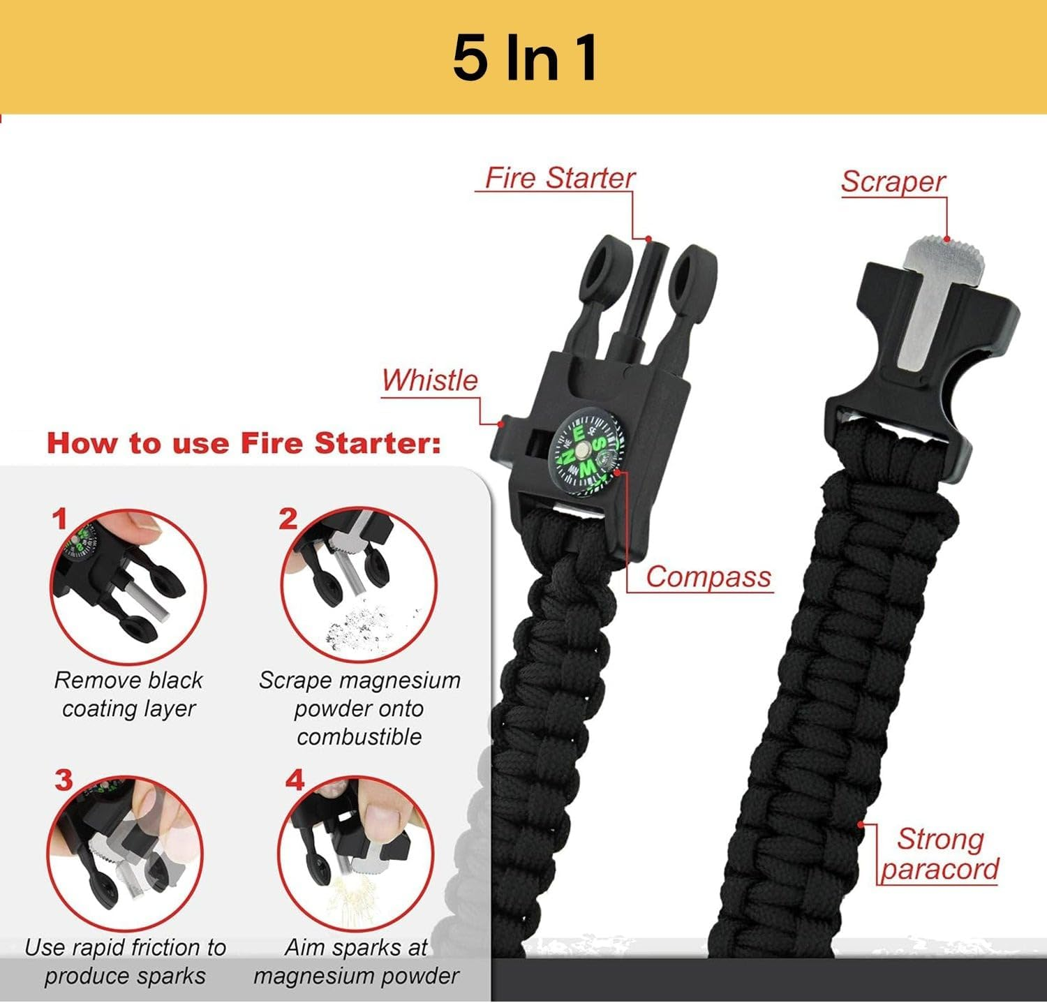 EZONEDEAL Paracord Survival Bracelet- Compass, Flint Steel Fire Starter Ferro Rod, Mini Saw, Whistle, Adjustable Wrist Size for Camping, Emergency Kit Equipment image number 3