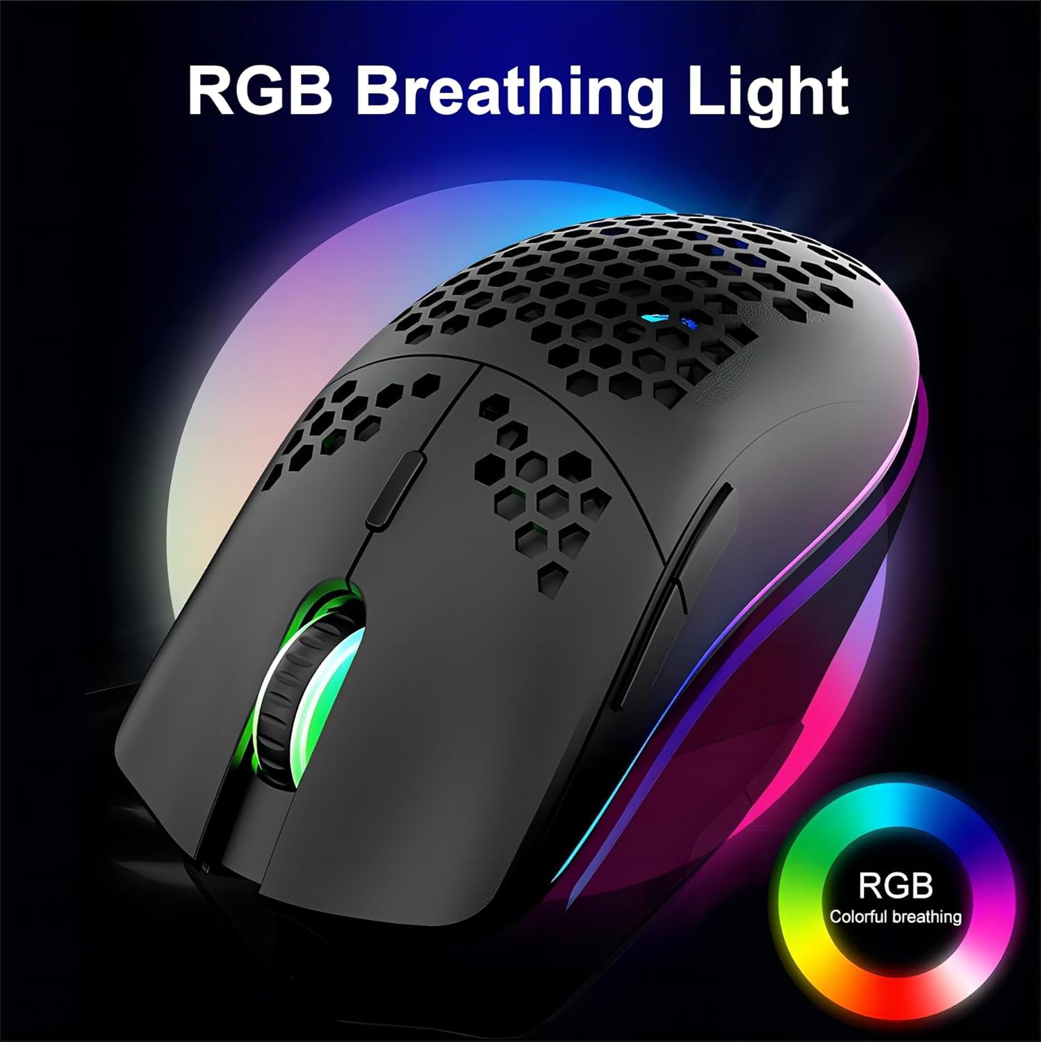 Mengshen Wireless Gaming Mouse Honeycomb, RGB Game Mice with Lightweight Shell High Precision Optical Sensor Adjustable 3200 DPI Ergonomic for Windows PC & Laptop Gamers (Black)