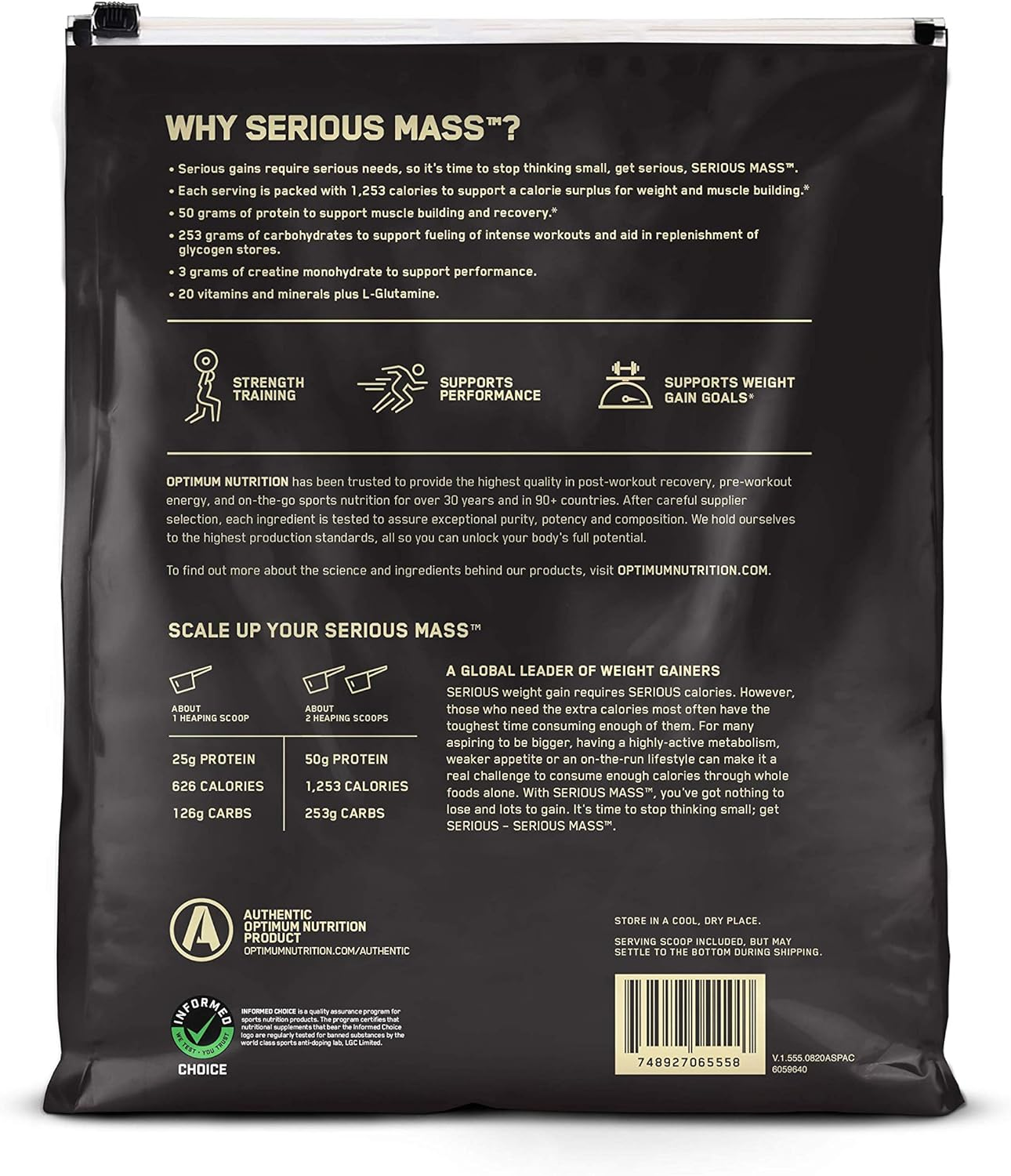 OPTIMUM NUTRITION Serious Mass Protein Powder Gainer, Banana, 5.44Kg image number 2