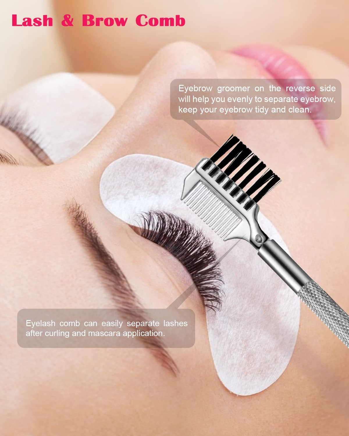 FVION 2 Pieces Eyelash Enhancer, Curved Eyelash Extension Tweezers/Eyebrow Brushes - Tweezers for False Eyelash Extensions, Eyelash Separator Comb, Lash Lift Makeup Tool - Pack Of 2 Pink image number 6