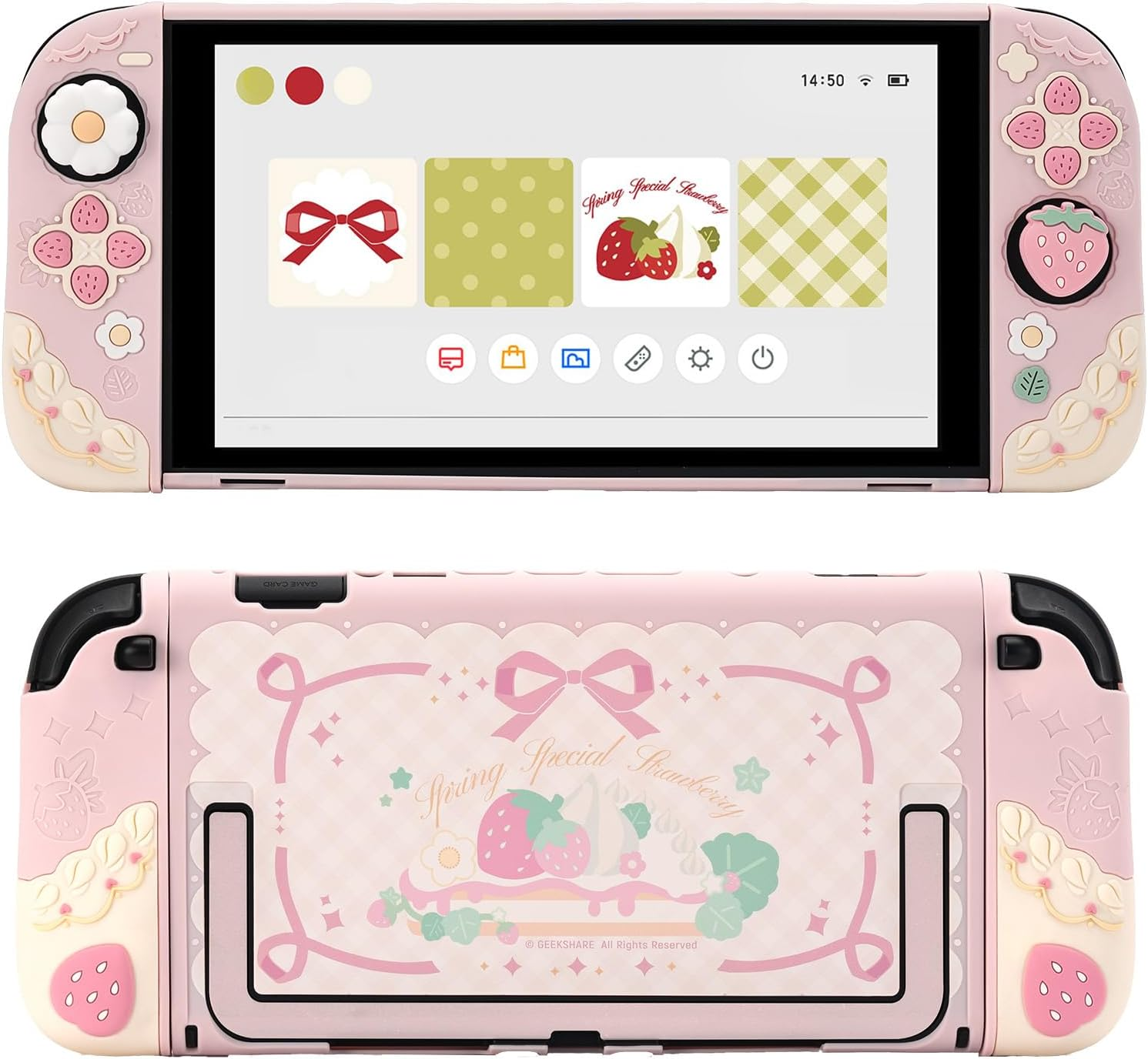 Geekshare Strawberry Protective Case Compatible with Switch 2, Slim Separable Soft Silicone Cover Shell with 2 Thumb Grip Caps for Switch 2025 Game Console & Joystick (Pink)