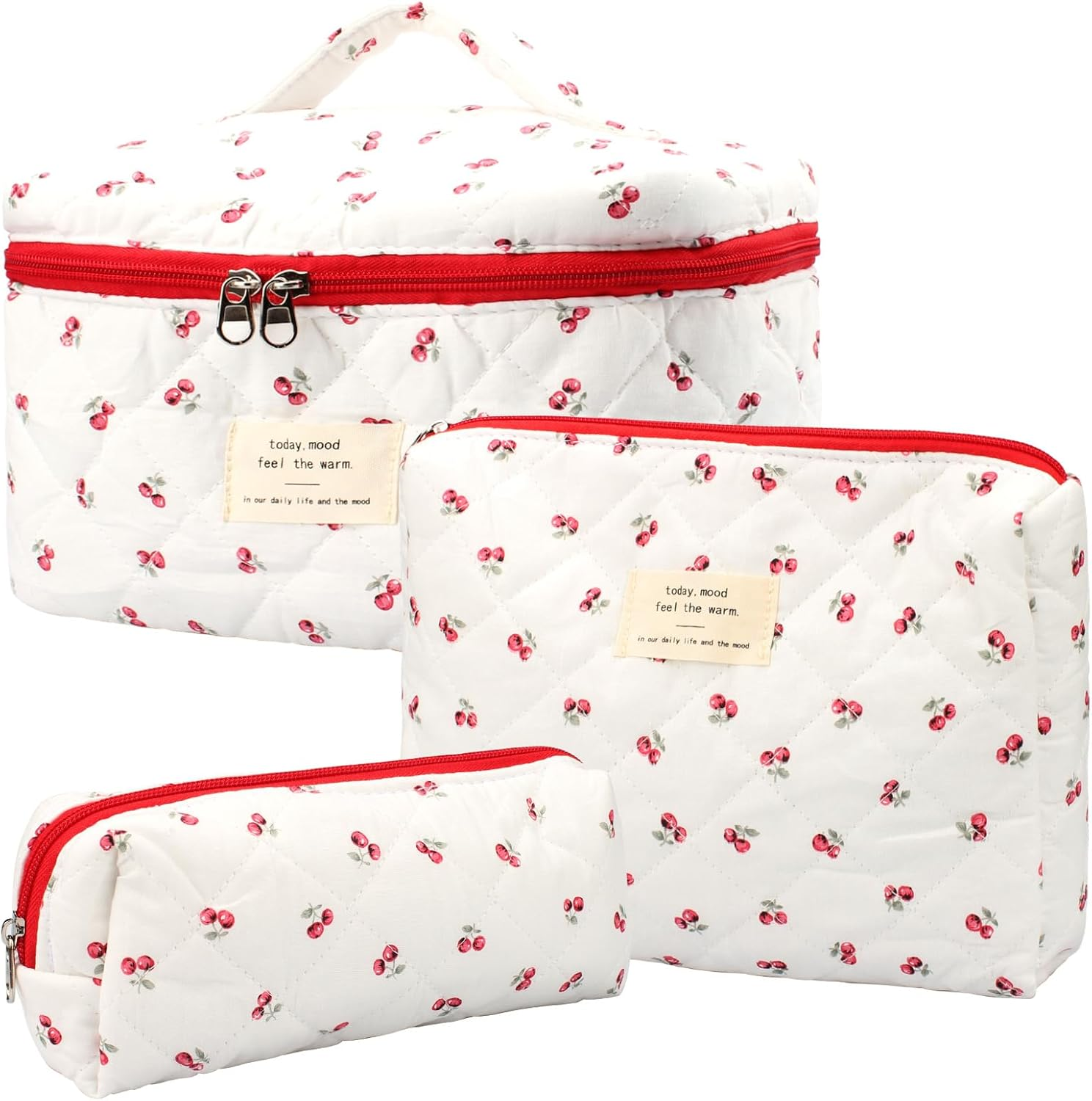 COZY CORE 3 Pack Quilted Cotton Makeup Bag Set, Cherry Travel Cosmetic Organizer with Toiletry Pouch, Portable Beauty Storage for Women Girls - Mothers Day Birthday Gifts (Cheery White) image number 4