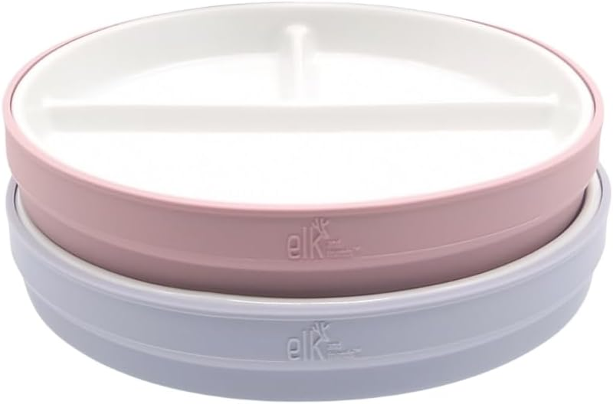 Elk and Friends Kids 6.7&rdquo; Porcelain White Divided Plates with Silicone Sleeves | Suitable for Babies/Toddlers | Microwave & Dishwasher Safe | Non Slip Dinnerware | Snack Dishes | 4 Pack