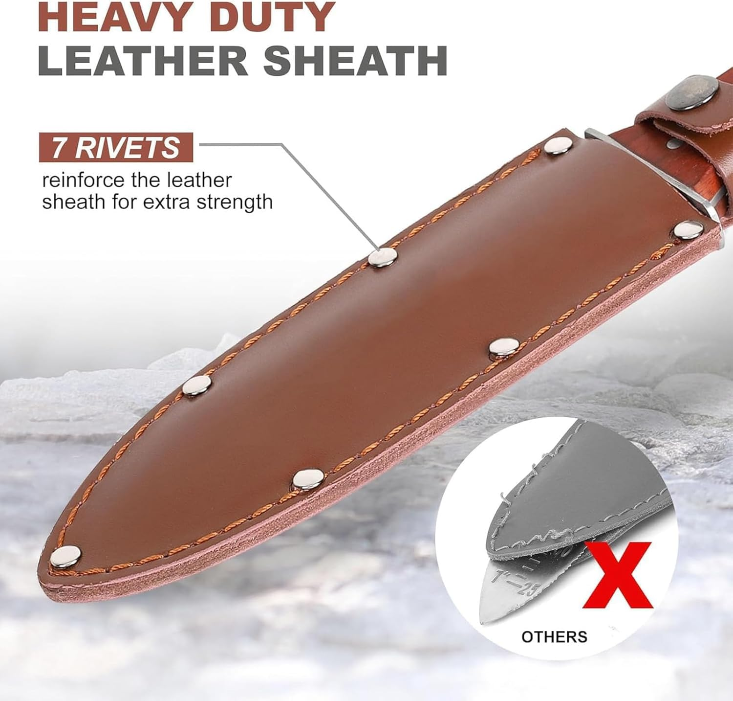 Hori Hori Garden Knife, Gardening Knife with PU Leather Sheath, Rosewood Handle, High Polished 440 Stainless Steel Blade, Sharpening Stone Included, for Weeding, Digging, Pruning, and Cultivating image number 2