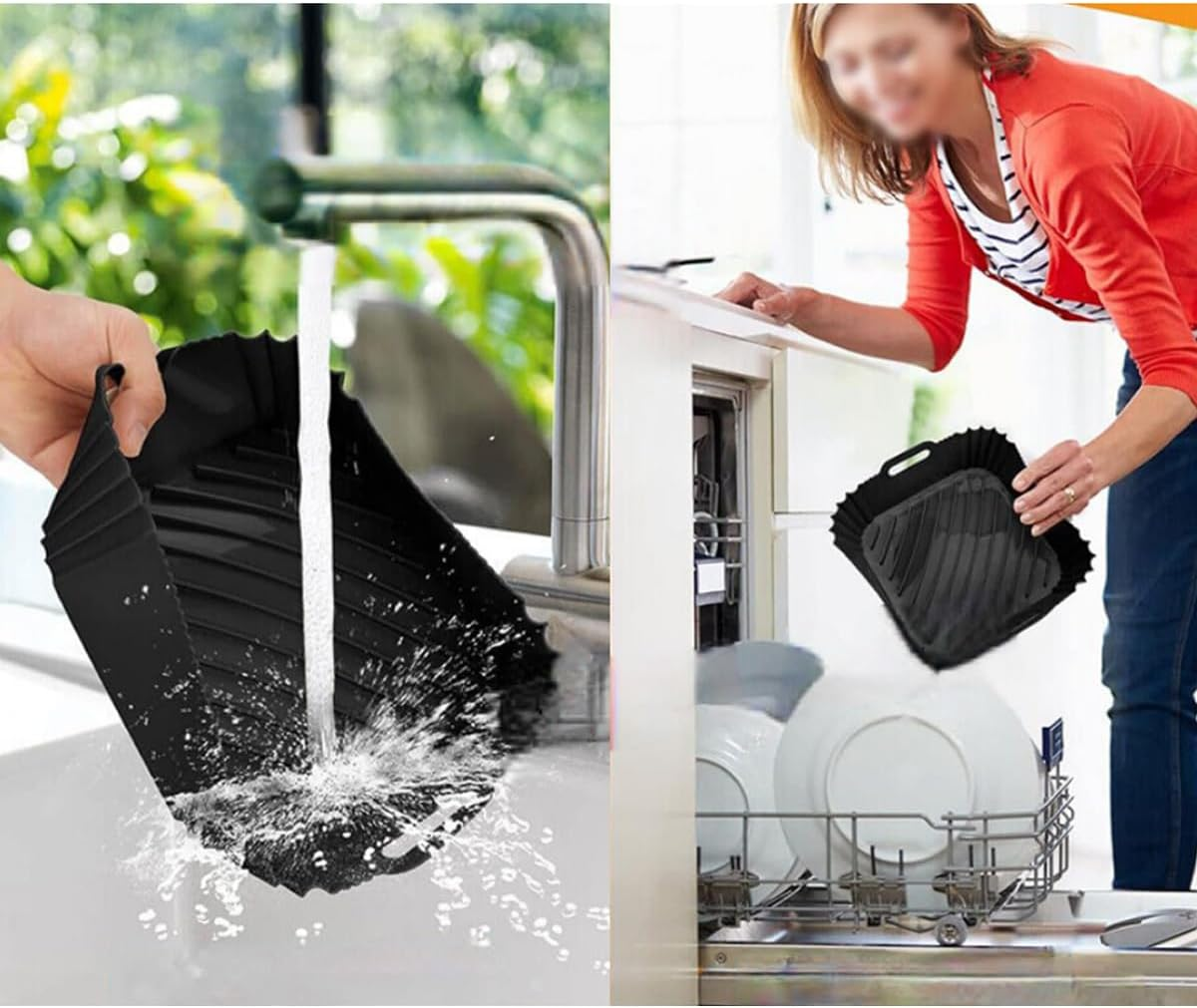 AIMALL Silicone Air Fryer Pot - Non-Stick Reusable Basket Liner, Baking Tray with Strong Handles, Grey & Black - Grey image number 2