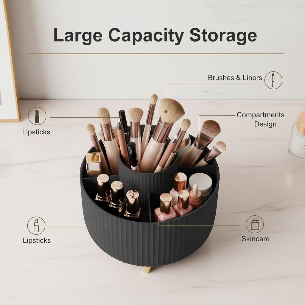 Spinning Makeup Brush Holder, 360&deg; Rotating Makeup Brush Organizer with 5 Slots, Large Capacity Cosmetic Storage Cup for Makeup Brushes, Lipsticks, Nail Polish, Bathroom Vanity Organizer(Black) image number 3