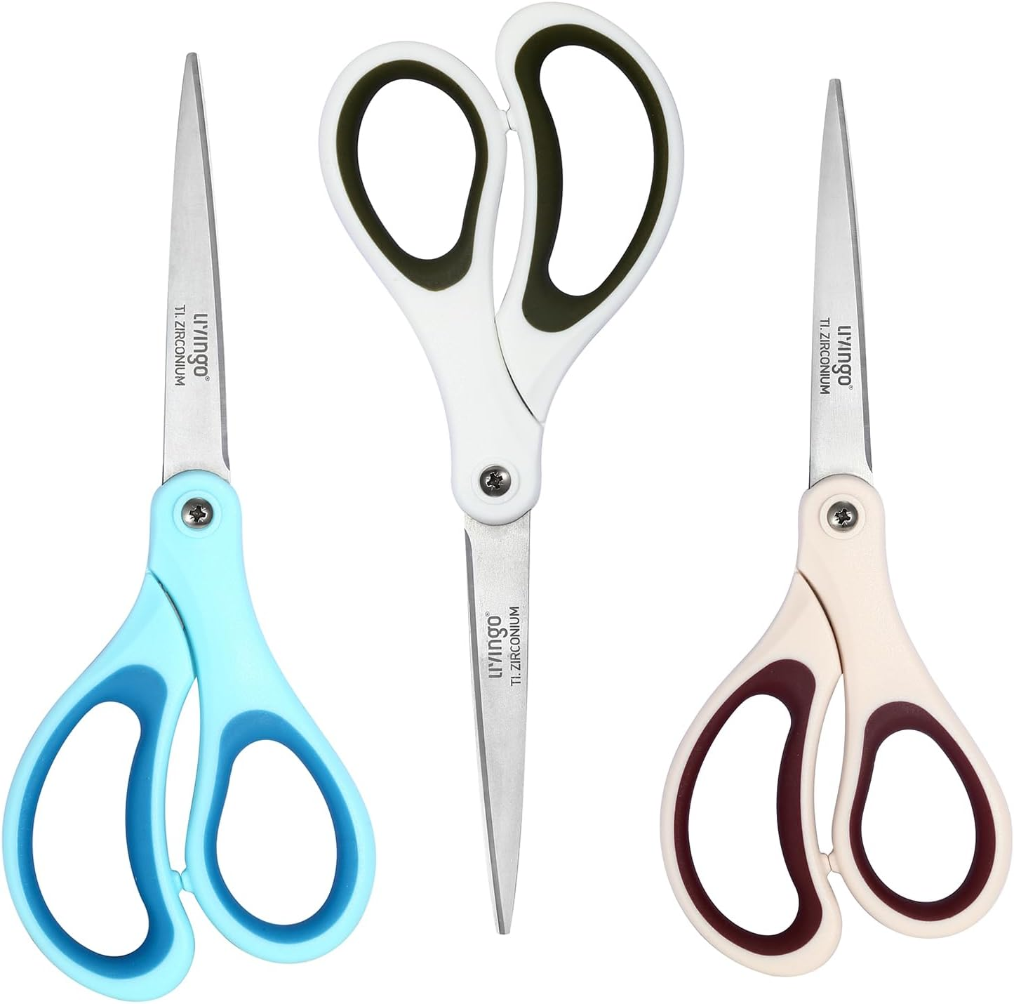 LIVINGO Scissors All Purpose - Titanium Coated Heavy Duty Sharp Stainless Steel Comfortable Shears for Office Home School Cutting Paper Fabric, Blue, White, and Brown, 3 Pieces