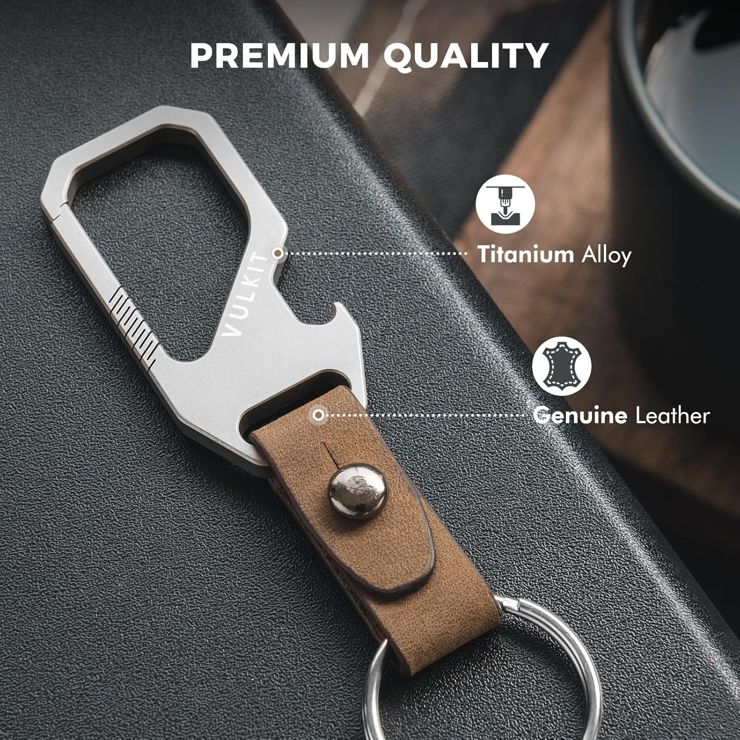 VULKIT Titanium Key Keeper Genuine Leather Belt Loop Keychain, Bottle Opener Key Chain, Key Clip for Belt, EDC Carabiner Key Ring image number 2