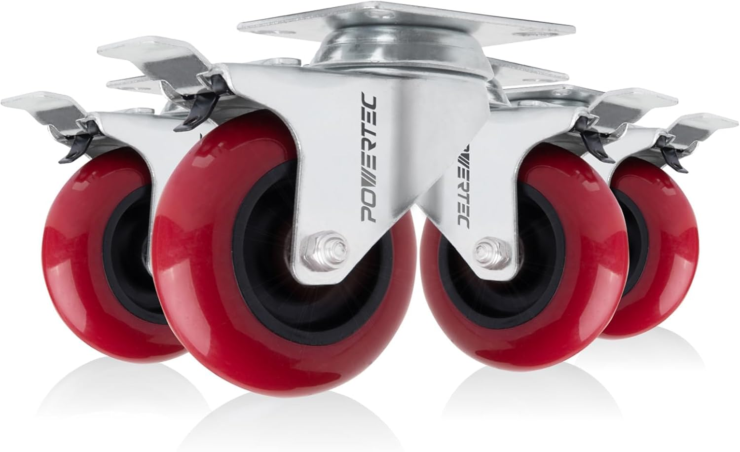 POWERTEC 3 Inch Swivel Caster Wheels Set of 4 with Brake & 640 Lbs Loads, Heavy Duty Plate Casters, Dual Locking PU Castor Wheels for Furniture, Cart, Dolly and Workbenches (17205) image number 4