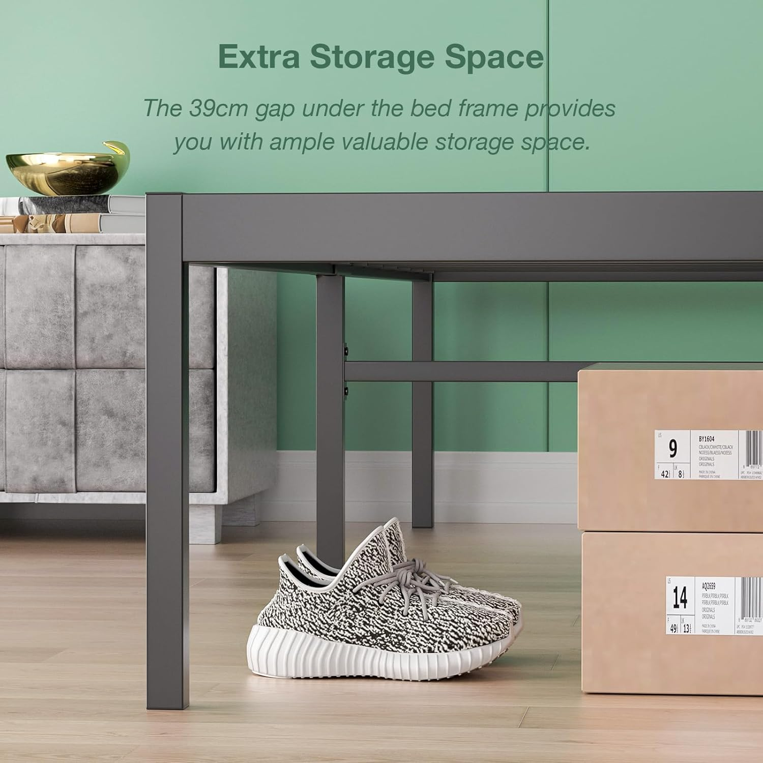 Queen Metal Bed Frame Base, 39Cm Extra Storage Space Bed with Reinforced Legs, 300Kg Weight Capacity, Bedroom Furniture, Black image number 3