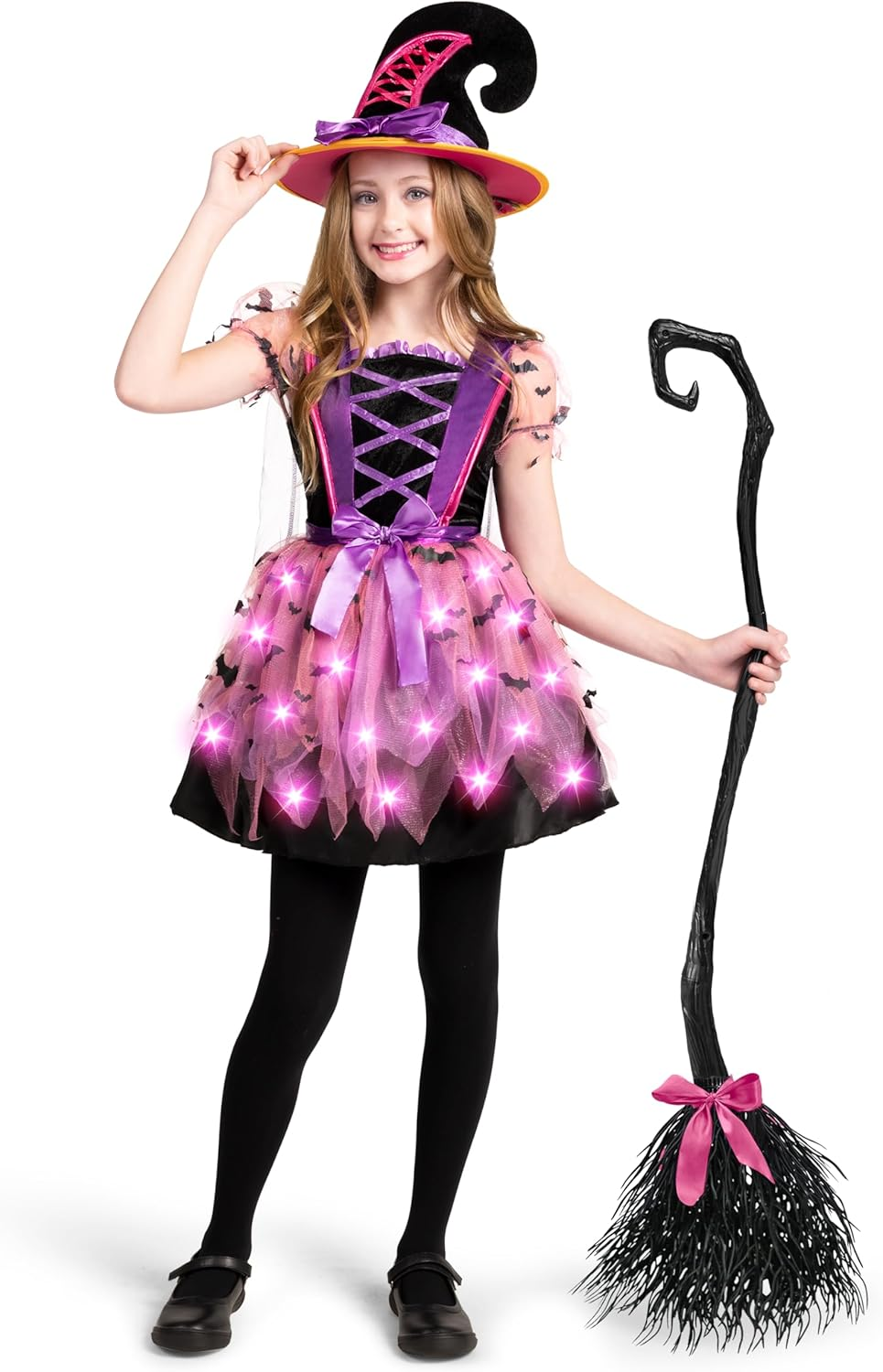Spooktacular Creations Girls Light up Witch Costume, Kids Witch Costume with Hat and Broom for Toddler Halloween Dress Party image number 6