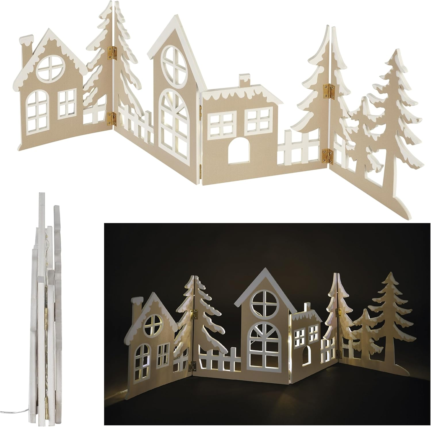 EMOS - LED Wooden Village, Foldable - Wooden Decoration with Village, Warm White - 6/18H Timer, 30Cm Cable, Battery Operated (2X AA) - Lifetime 10000 Hours - for Indoor Use - Natural Wood