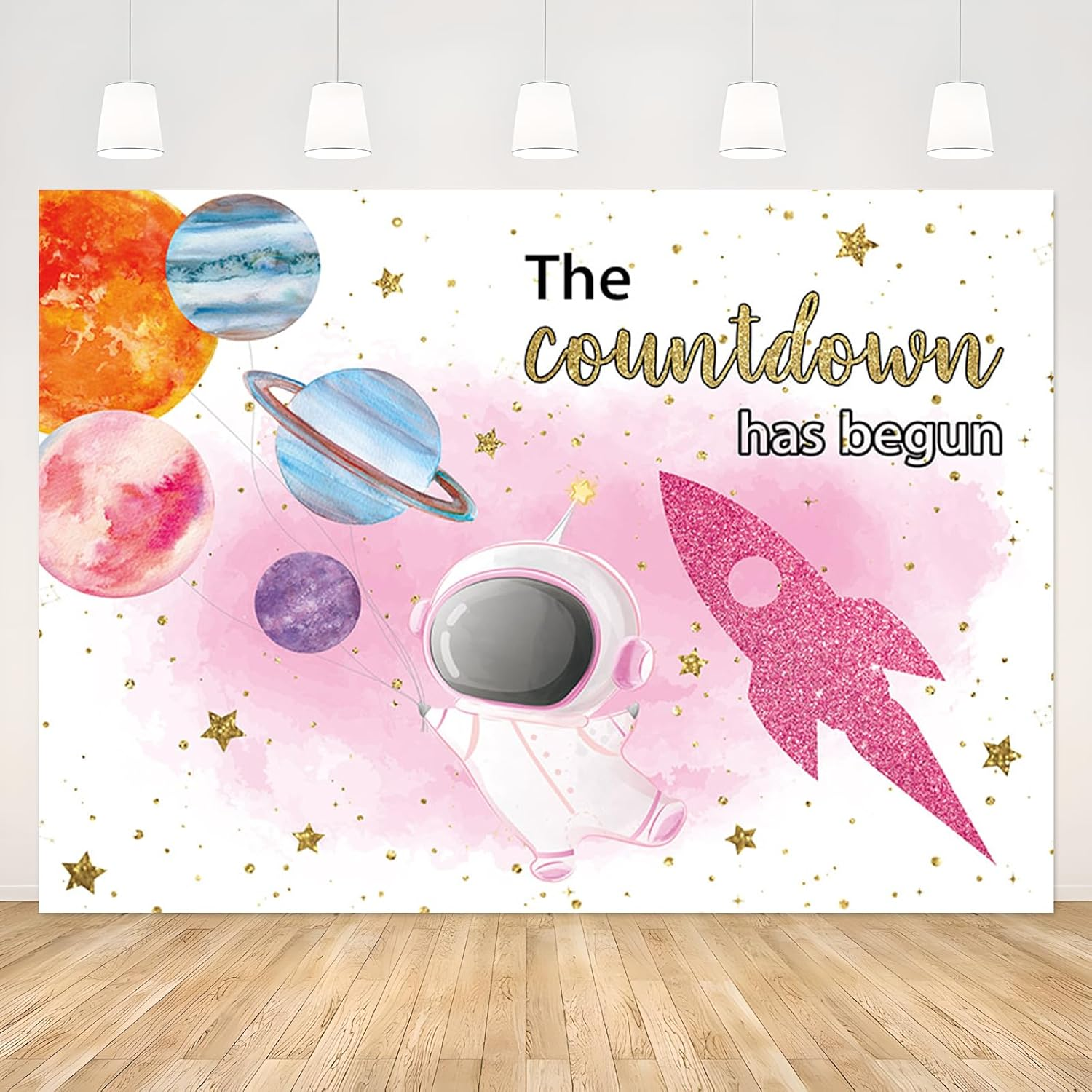 APROPHIC Space Baby Party Background Pink Astronaut Girl Countdown Has Begun Rocket Background, Planet Baby Shower Decoration Banner Photography Background 210 X 150 Cm image number 3