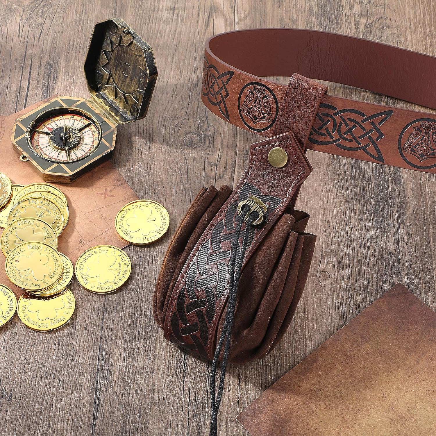 CIATBYYJ 2 Pcs Medieval Viking Belt with Faux Leather Pouch, Vintage Renaissance Belt Pouch Dice Bag, Retro Nordic Belt Pouch, Portable Bag Renaissance Costume Accessories(Brown), Brown, 168Cm/66Inch image number 3