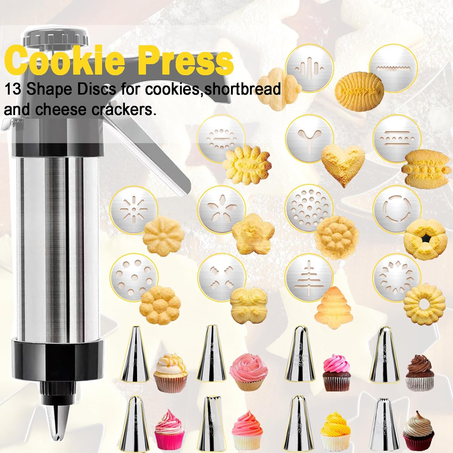 Jeyssui Cookie Press Gun，With 13 Spritz Cookie Press Stencil Discs and 8 Piping - Versatile,Reusable, Classic Stainless Steel Cookie Press for Baking,For Holidays Christmas Birthday DIY Biscuit Maker image number 6