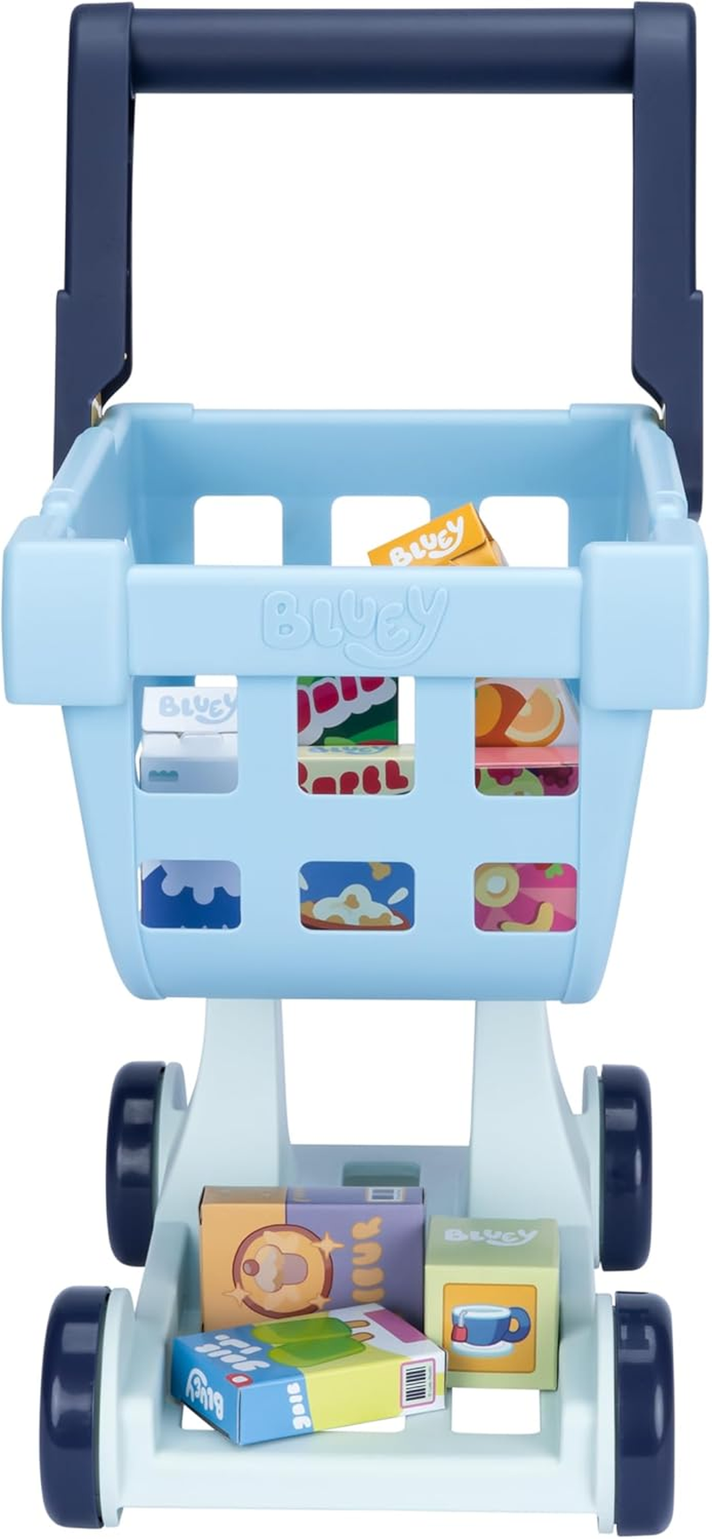 The Bluey Shopping Trolley, with Free-Rolling Wheels and Rotating Handle. the Ideal Size for Toddlers, Stands at 49Cm Tall, 8 Colorful Cardboard Shopping Goods Are Included with This Trolley image number 1