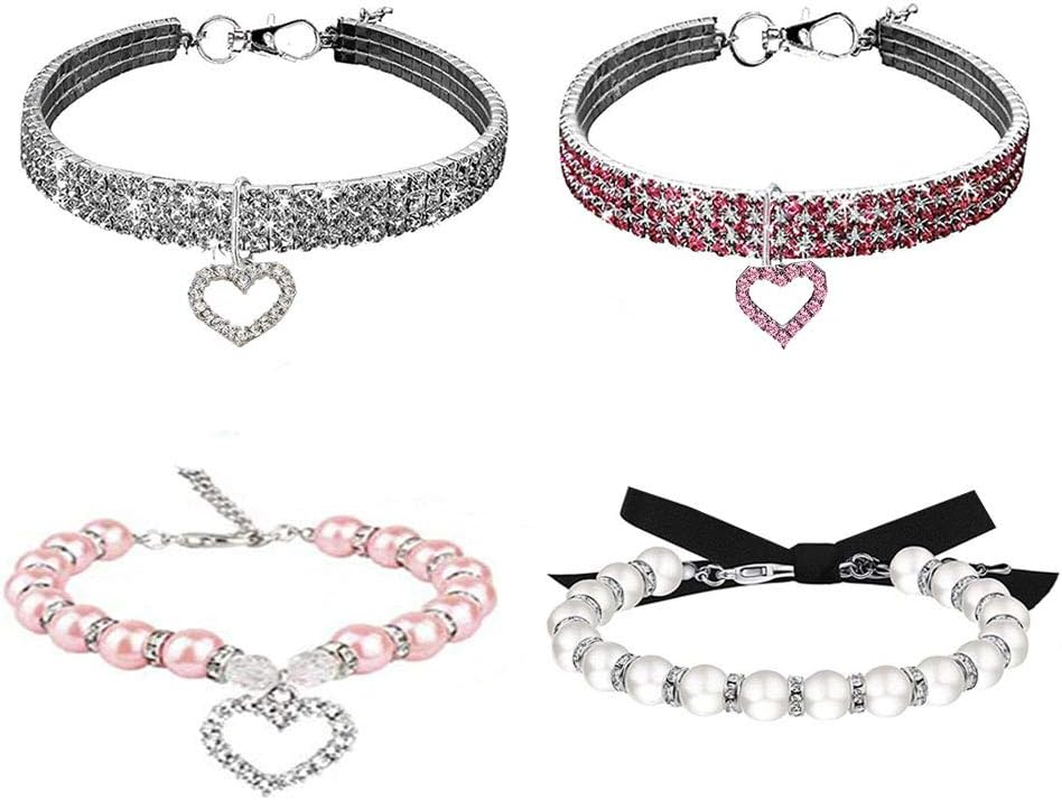 Rhinestones Dog Collar and Pearl Dog Necklace Set, Adjustable Neck Strap Bling Full Diamond Crystal Cute Pearl Dog Collar for Small Girls Cats Puppy Accessary for Wedding Birthday Party (4Pcs)