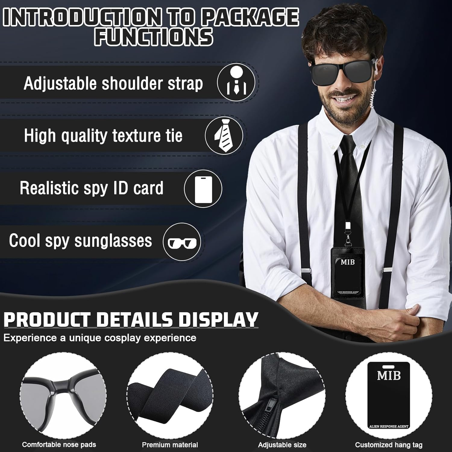 7PCS Agent Costume Accessories Set, Secret Service Fancy Dress Kit, Adult Spy Outfit with Suspenders Sunglasses Necktie Earpiece Zip Tie ID Card Holder for Men Cosplay Dress up Party Props image number 2