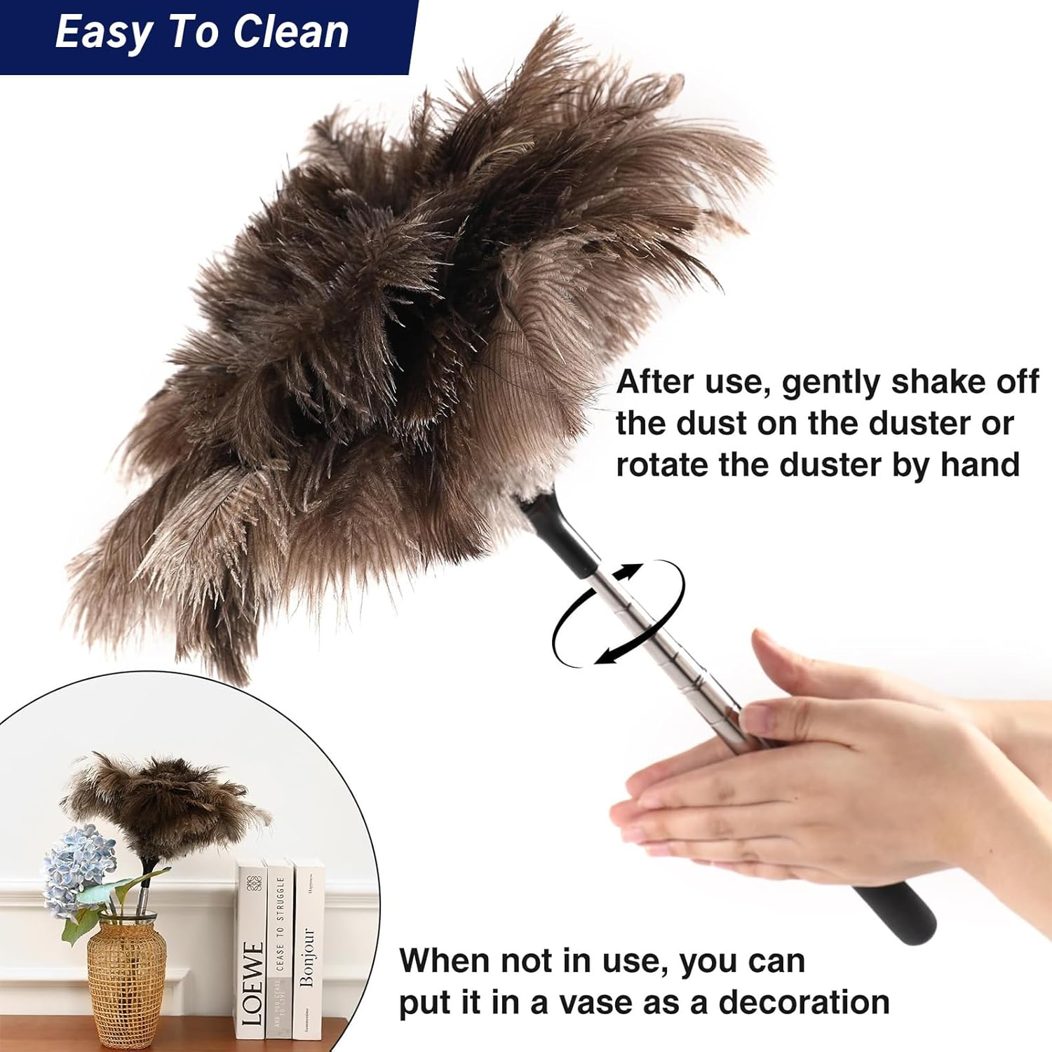 Tzylomirx Extendable Ostrich Feather Duster - 40 Inches Fluffy Long Handle Reusable Feather Duster for Cleaning Ceiling Fan, Pendant Lamp, High Ceiling, Blinds, and All Kinds of Furniture image number 2