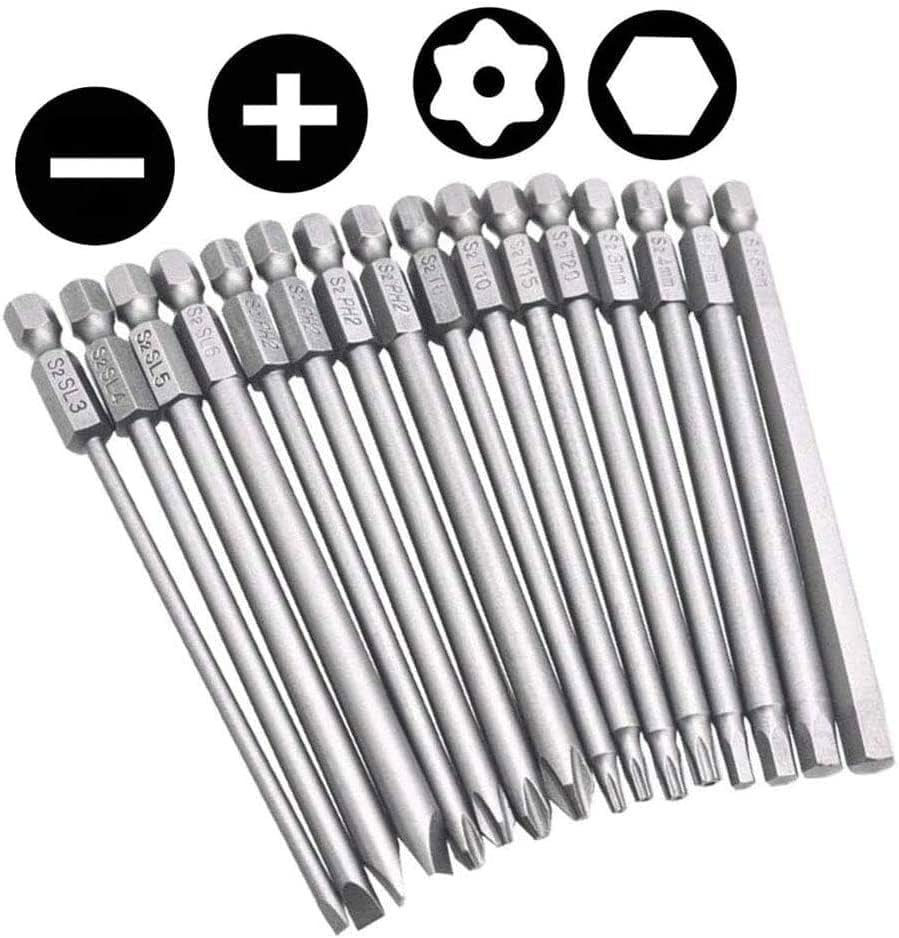 Bestgle 16 Pcs Long Magnetic Screwdriver Bits, 1/4 Inch Hex Shank Drill Screw Driver Bit Set 4 in 1 Multiple Powel Tools Kit, 100Mm Length (Hex+Torx+Cross+Slotted Tip Bits) image number 1